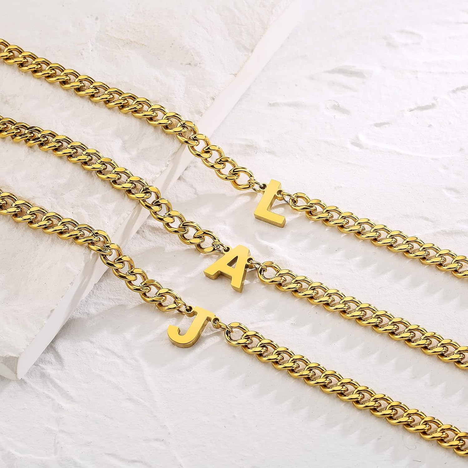 Thumbnail 5 de Esmoly Kette Herren – Cuban Chain Edelstahl 6,5 mm mit individuellem Buchstabenanhänger, 18"+2" verstellbar, Gold/Silber/Schwarz