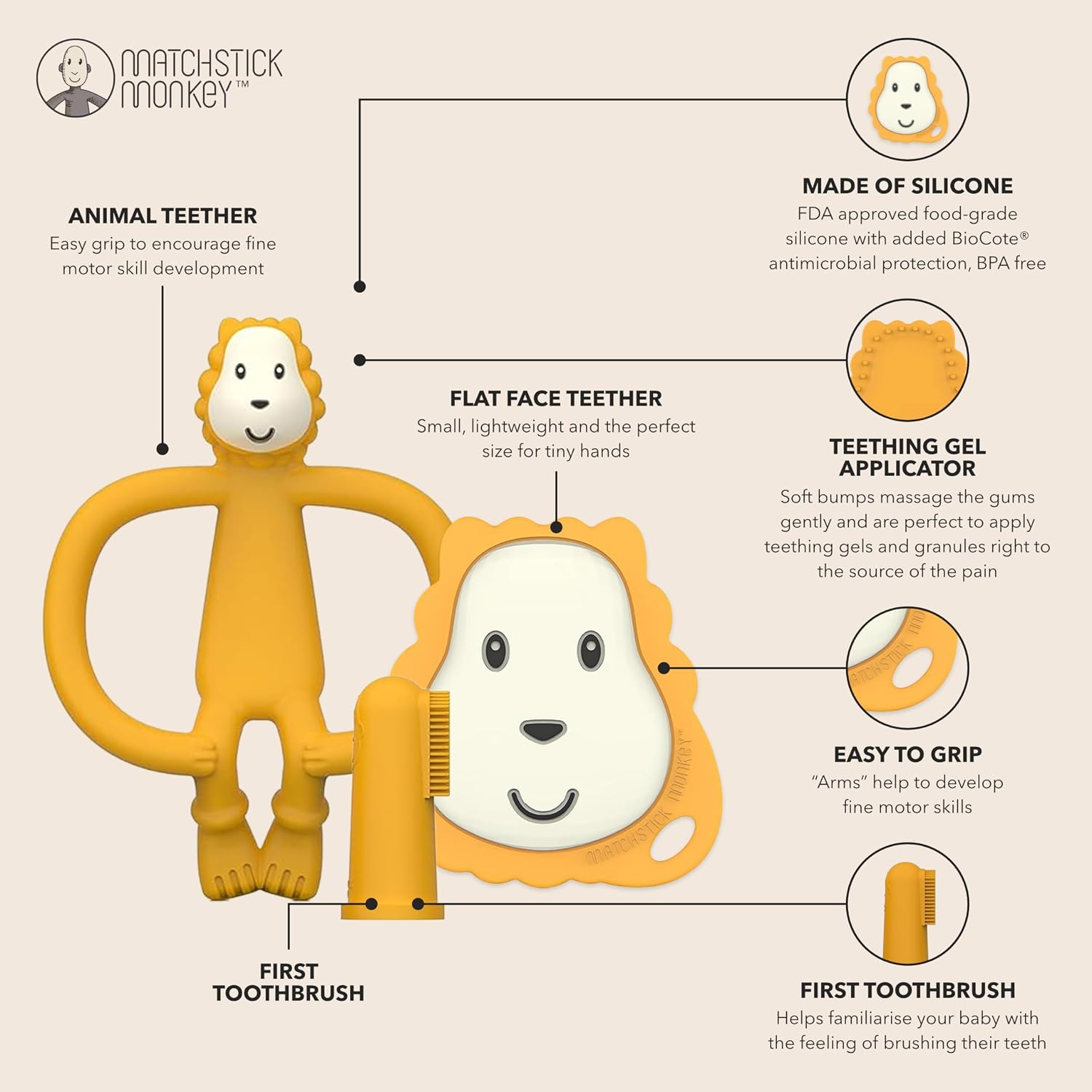 Detalle de Matchstick Monkey Antimicrobial Teething Starter Set (Ludo Lion) – teethers and silicone finger toothbrushes for 3+ months