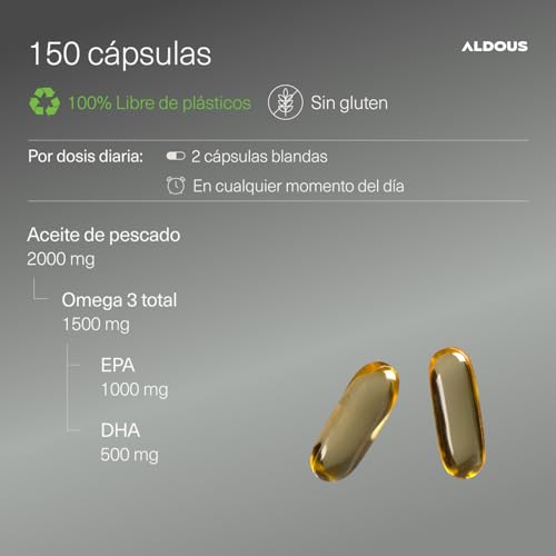 Detalle de Omega 3 Capsulas Premium de Aldous Bio: 1500 mg de Omega 3 (EPA 1000 mg / DHA 500 mg) en TG, 150 cápsulas