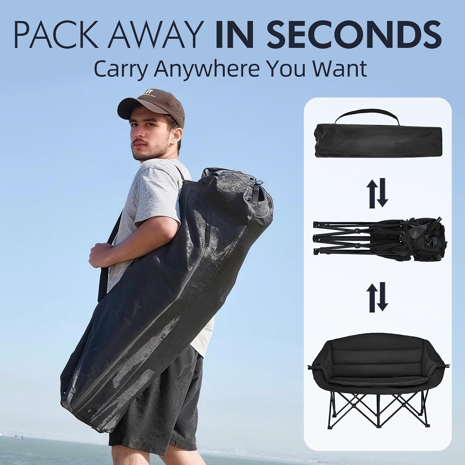 Thumbnail 5 de PUVASIA PW-224H1-Black Double Camping Loveseat, Padded and Foldable
