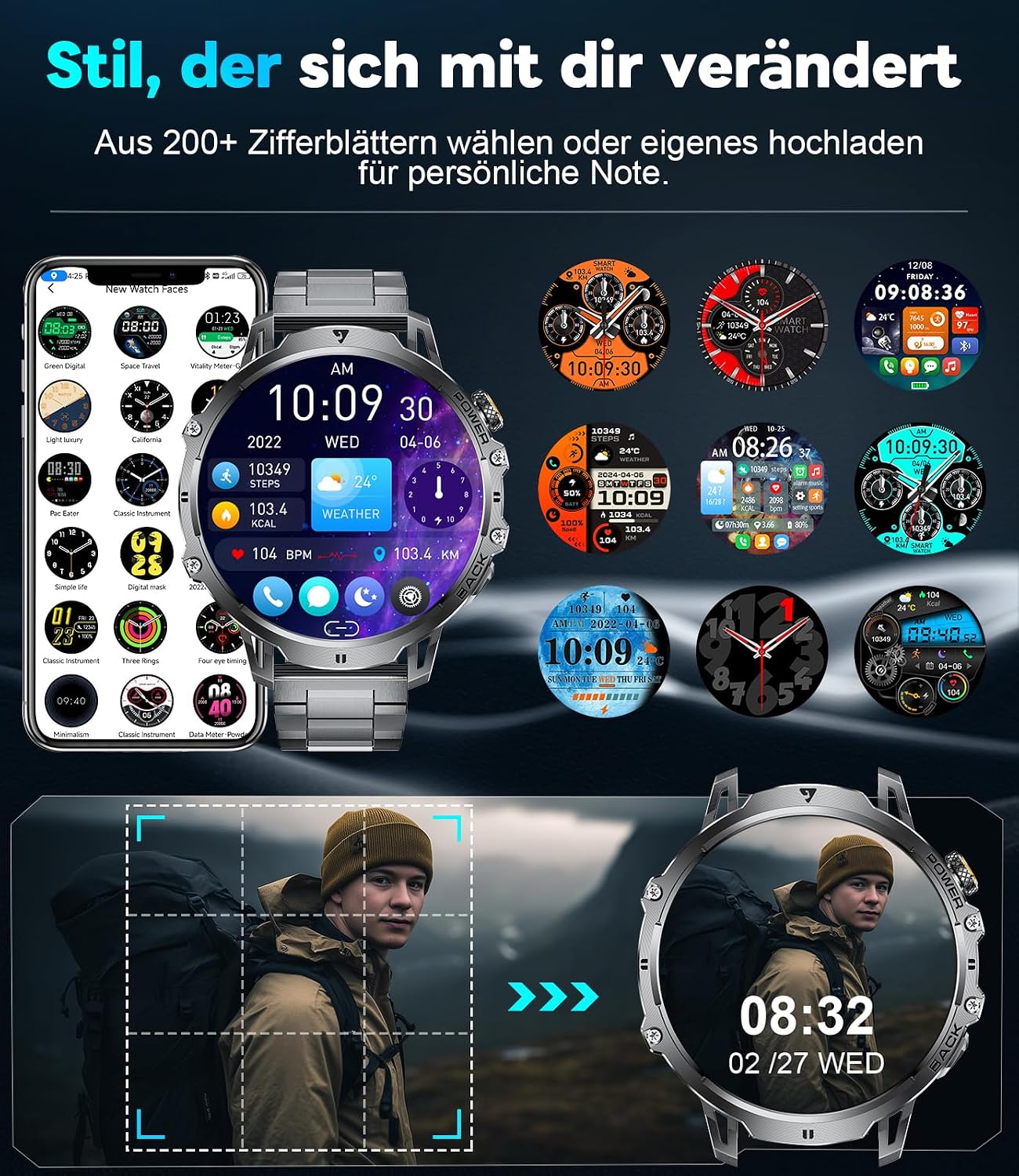 Thumbnail 5 de LIGE Militär Smartwatch Herren 1000 mAh 1,85 Zoll HD Display