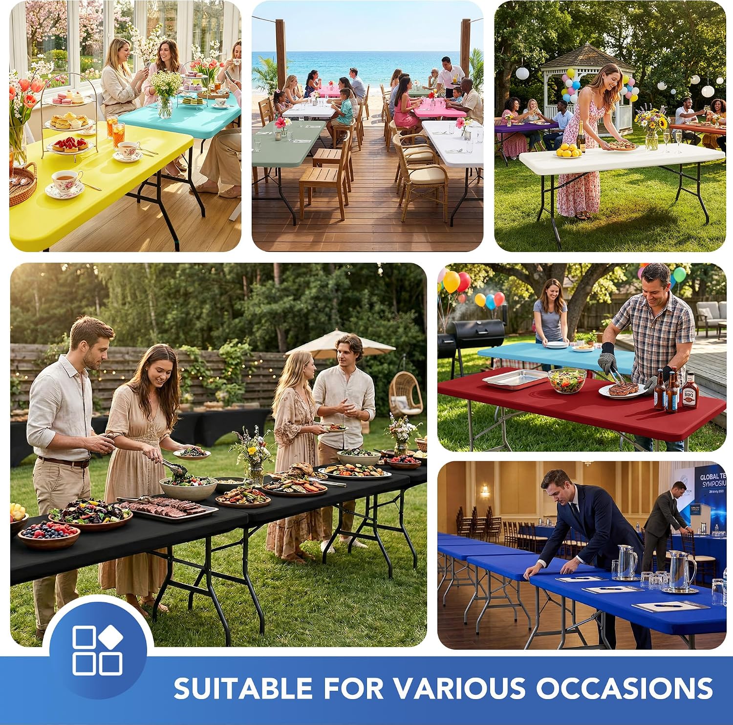 Detalle de Enjoyidea 6-Foot Spandex Table Covers (6-Pack) — Light Blue, Elastic Fitted Rectangular Tablecloths