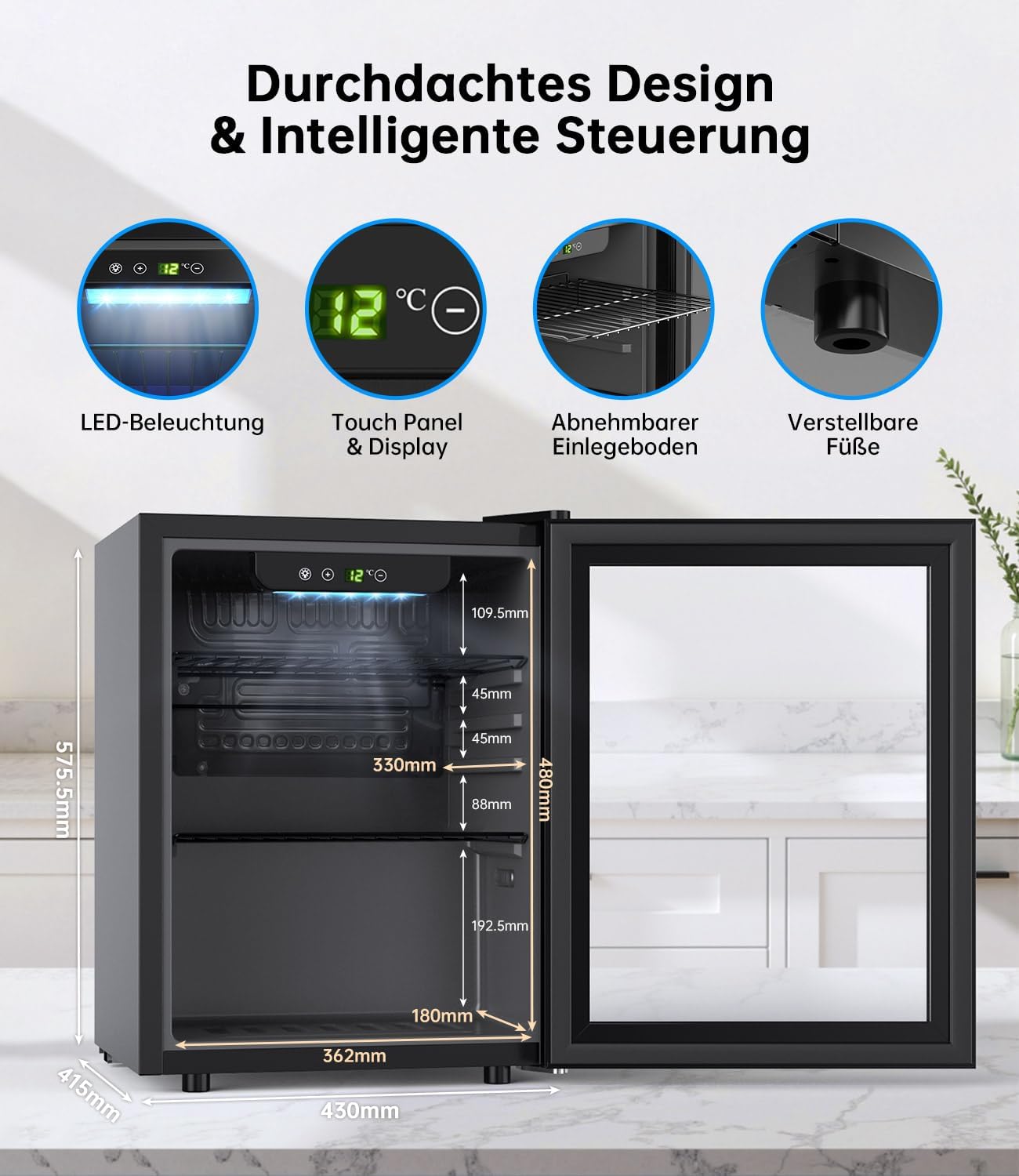 Detalle de WIE Getränkekühlschrank 48L mit Glastür – kompakter Allrounder für Küche, Büro und Bar