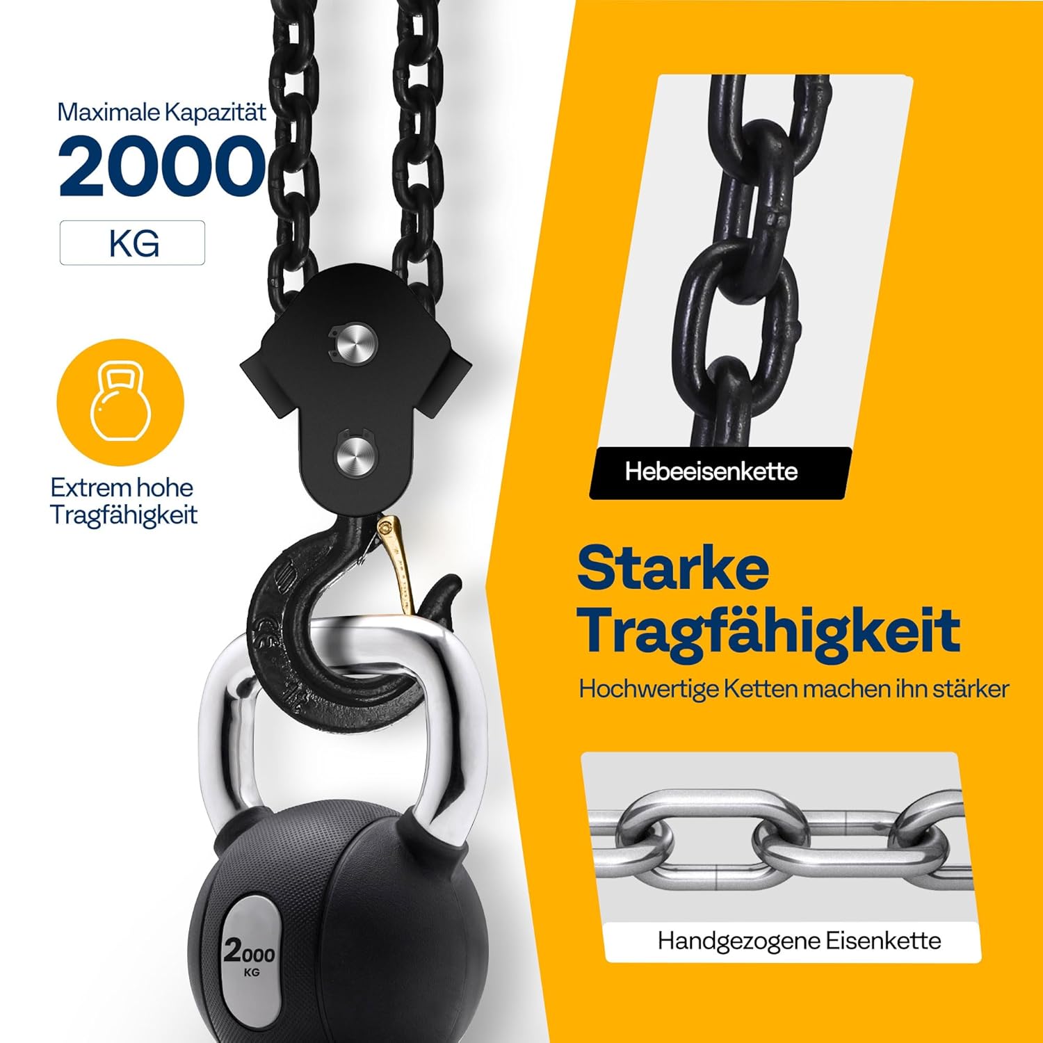 Detalle de SPECSTAR Handkettenzug 2000 kg – 3 m Hubhöhe, 2 Schwerlasthaken, manueller Kettenzug