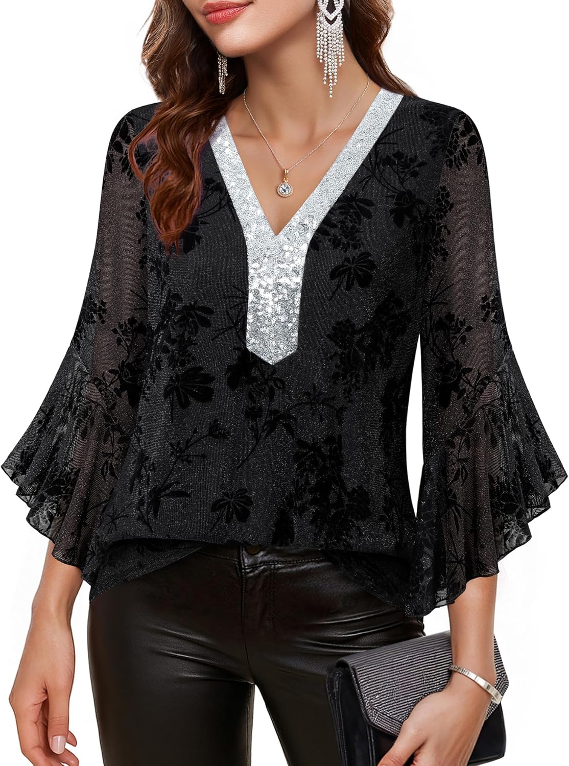 Thumbnail 1 de Bodhi talk Elegante Damen Bluse 3/4 Ärmel Glitzer Mesh mit V-Ausschnitt