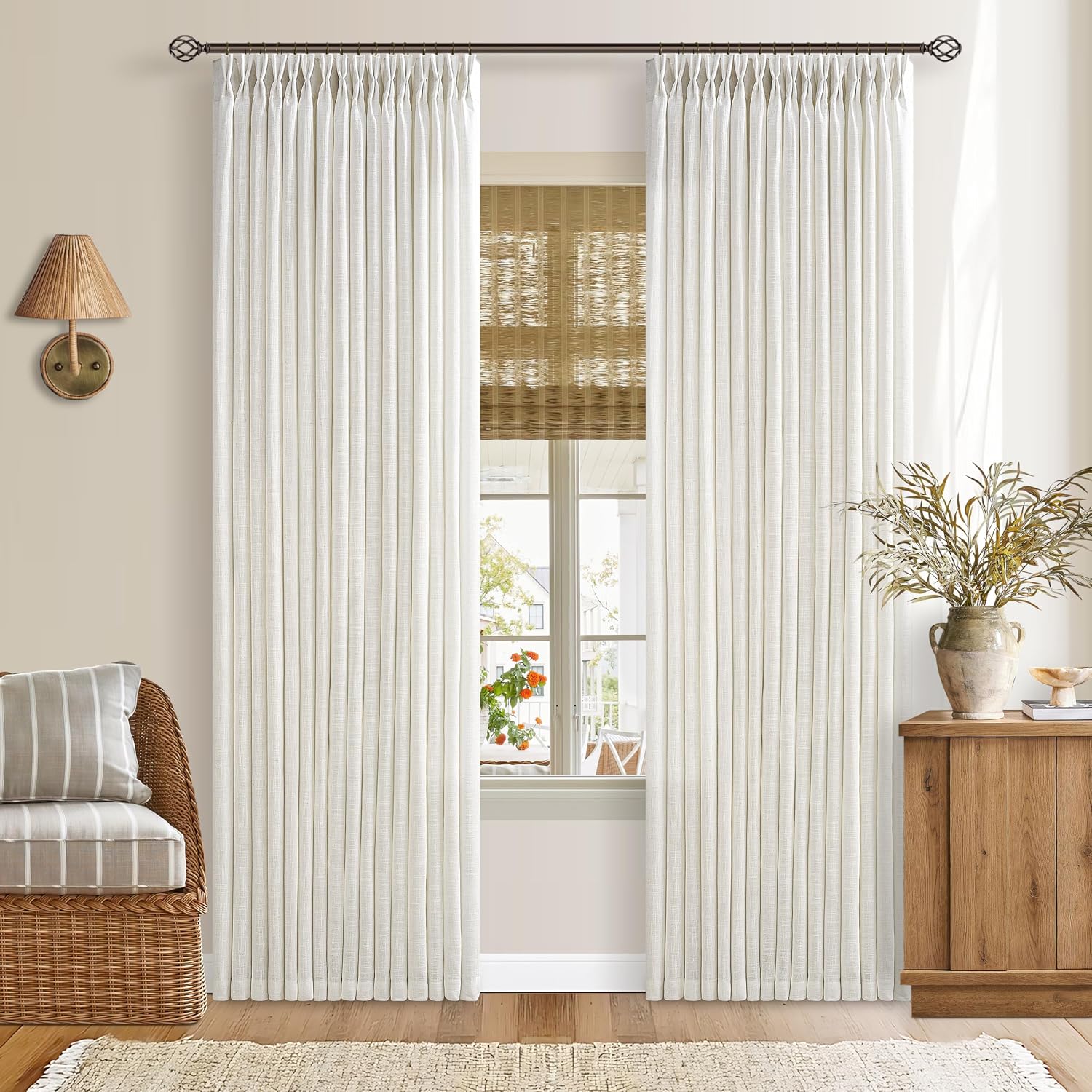Pinch Pleated 90 Inch Linen Curtains (2 Panels Set) — Pinch Pleat Drapes for Track System, Light Filtering Semi Sheer