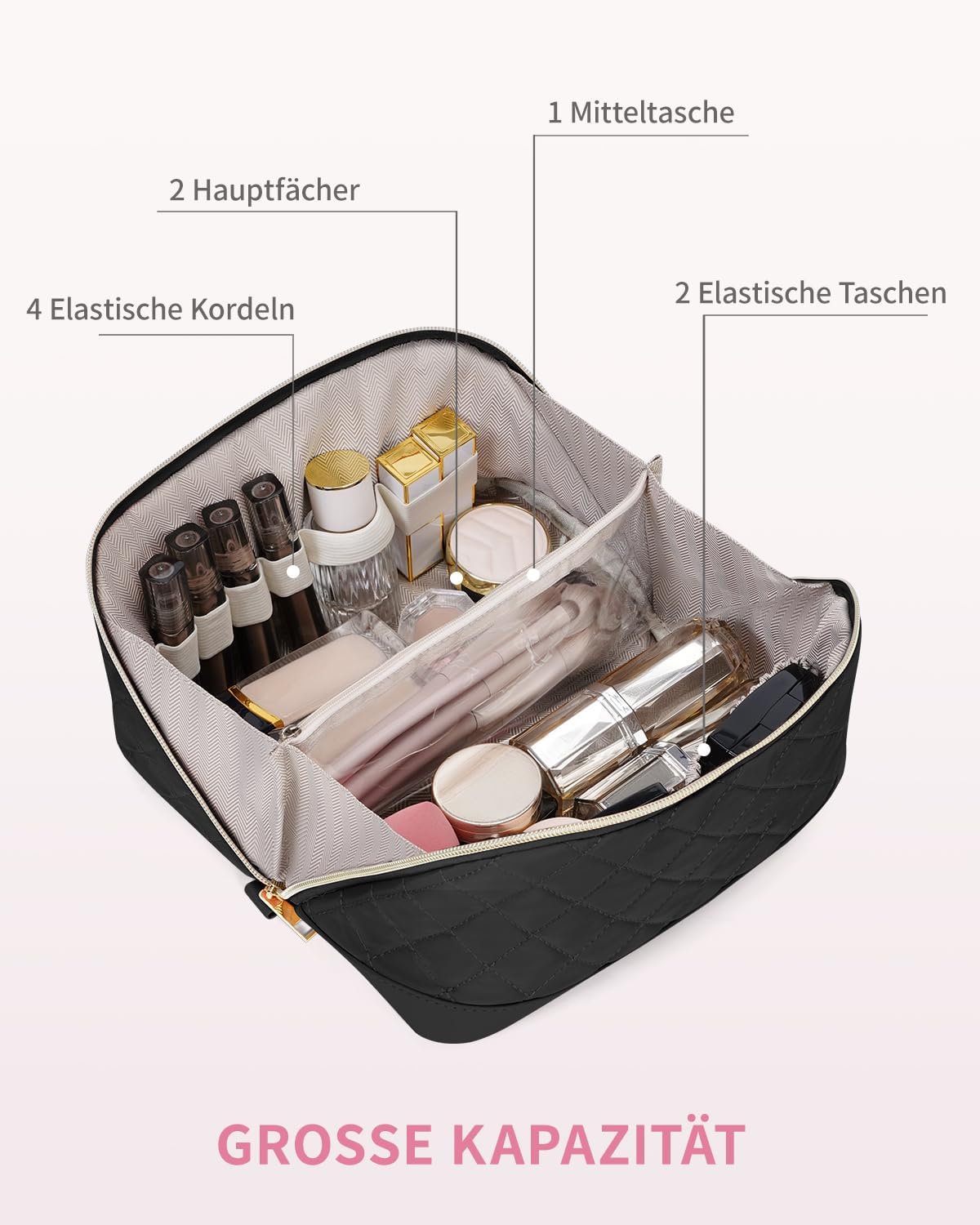 Detalle de Wandering Nature Kosmetiktasche Damen Reise Make Up Tasche mit Bürstenfach – Großes Fassungsvermögen, wasserdicht, Trenneinlage, Griff, Schwarz