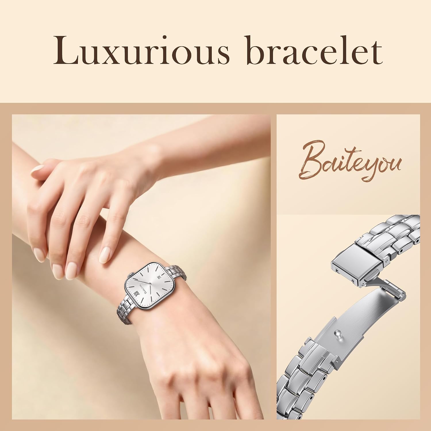 Detalle de BAITEYOU Slim 316 Stainless Steel Apple Watch Band, Silver Link Strap