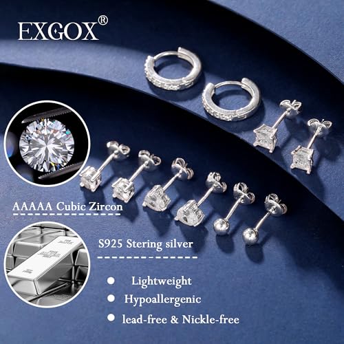 Detalle de EXGOX Sterling Silver Stud Earrings – 5 Pairs of Hypoallergenic 925 Silver Hearts, Balls and Cubic Zirconia