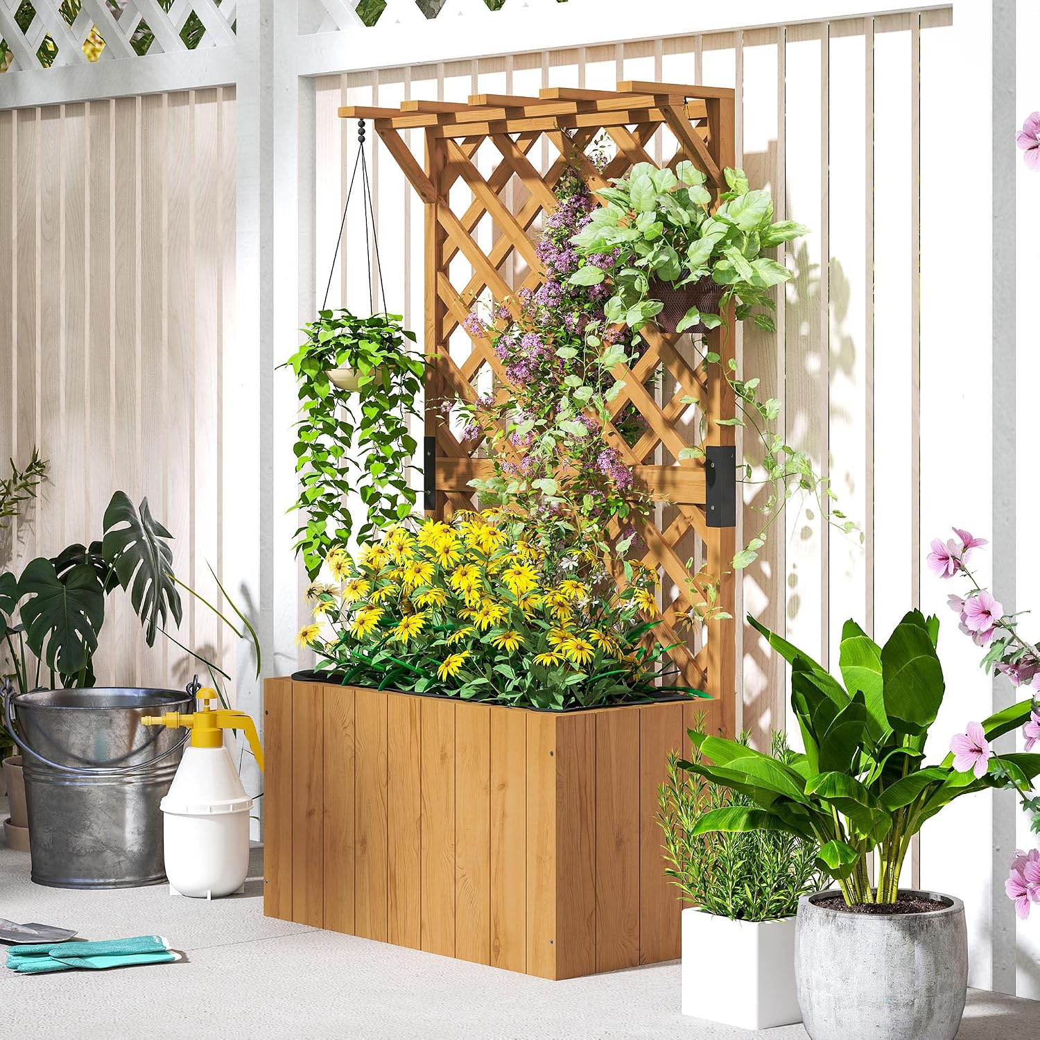 Detalle 2 de Outsunny 84H-254V00ND Wooden Planter with Trellis, Fir Wood, Drainage