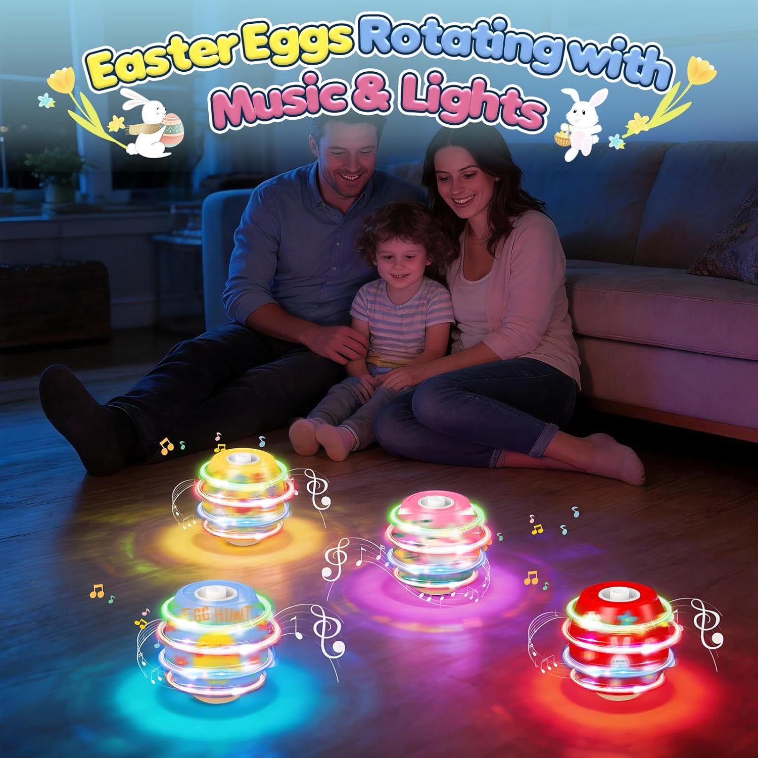 Detalle de Joozmui 5 pcs Light-Up Spinning Top Easter Eggs set with lights, music and DIY colouring