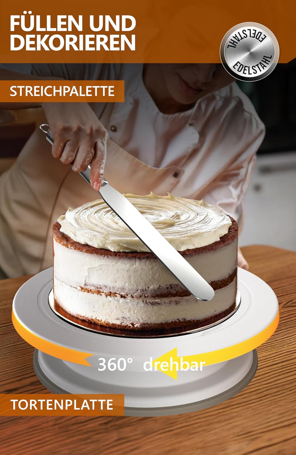 Detalle de 4smile Torten-Zubehör-Set 5 Teile – verstellbarer Tortenring 16–30 cm, Tortenschneider, Tortenheber, drehbare Tortenplatte & Streichpalette