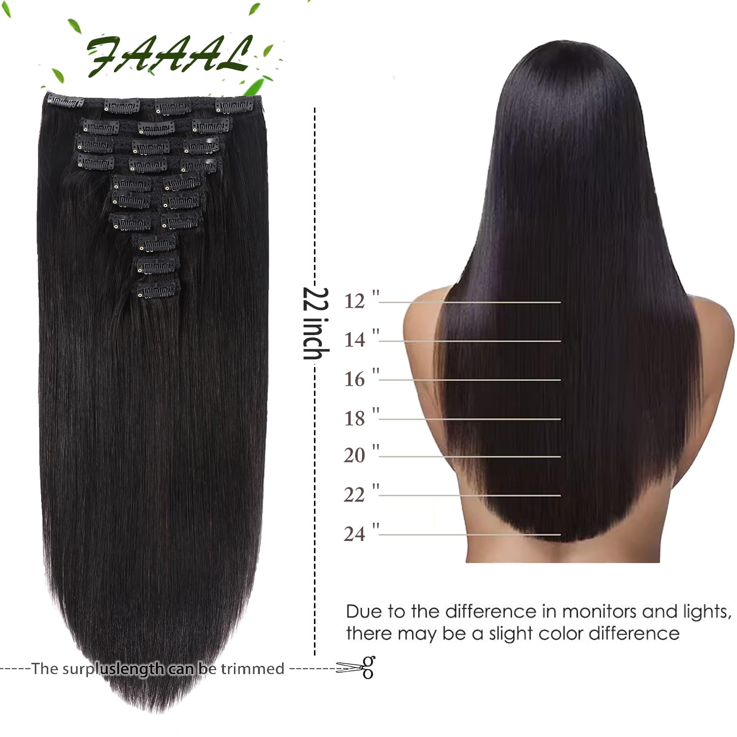 Detalle de 22" Clip-In Human Hair Extensions Full Head 200g (1B) — Double Weft, Natural Black