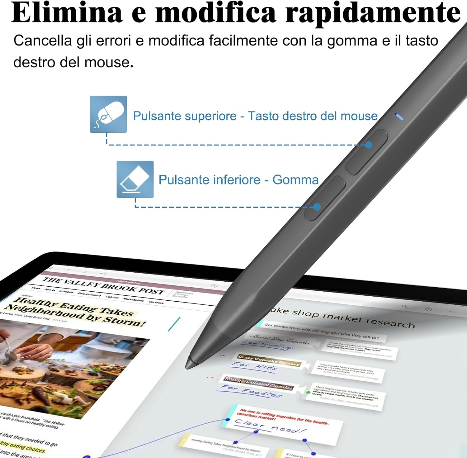 Detalle de Penna Stilo Microsoft Surface: 4096 Pressioni, inclinazione, palmo e ricarica rapida