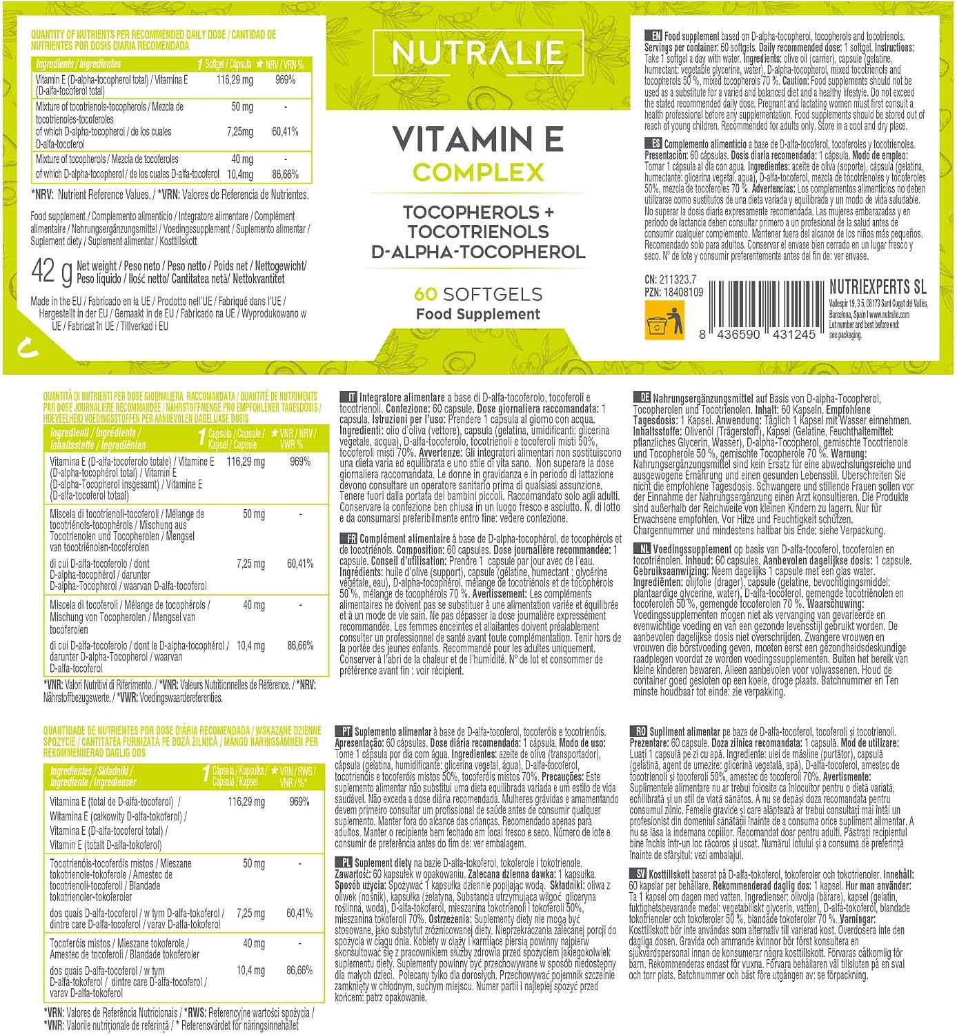 Detalle 2 de Nutralie Vitamin E Complex Softgels with Tocotrienols and Tocopherols, 60