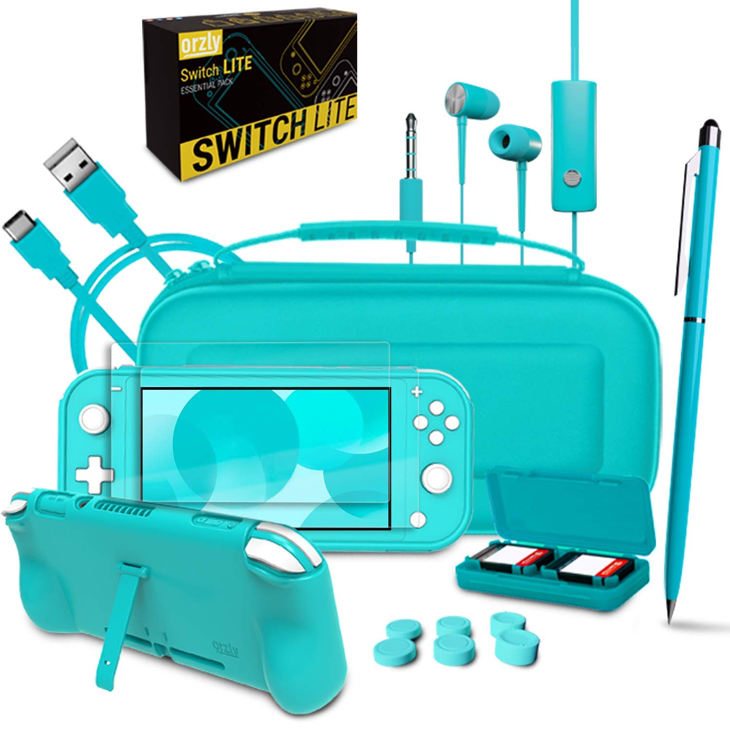 Thumbnail 2 de Orzly Switch Lite Accessories Bundle (Case, Tempered Glass Screen Protector, Grip Case, USB Cable, More) - Turquoise Blue