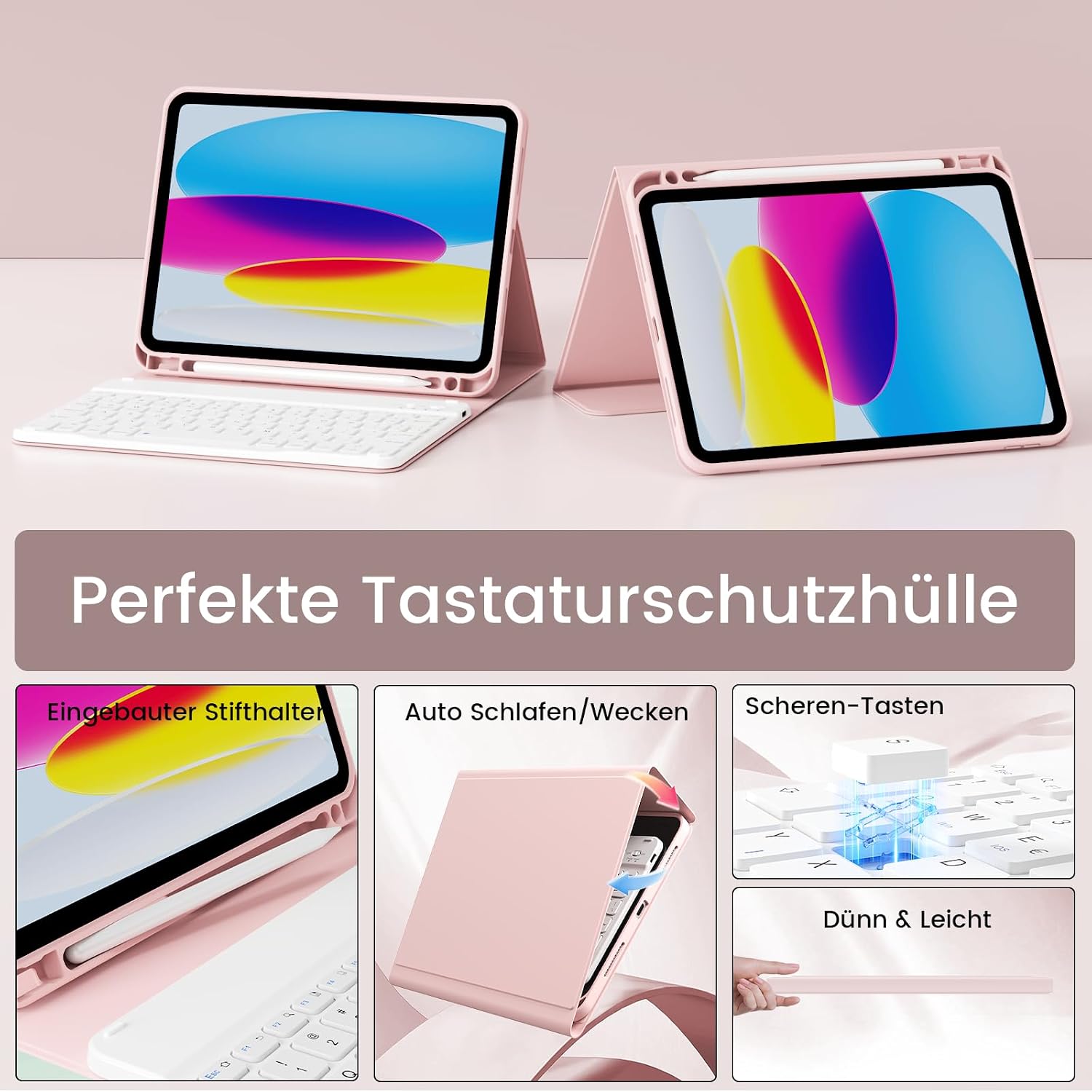 Detalle 2 de GKABXY Hülle mit Tastatur für iPad (A16) 10./11. Generation – magnetische Bluetooth-Tastatur, Soft-TPU, QWERTZ, Rosa