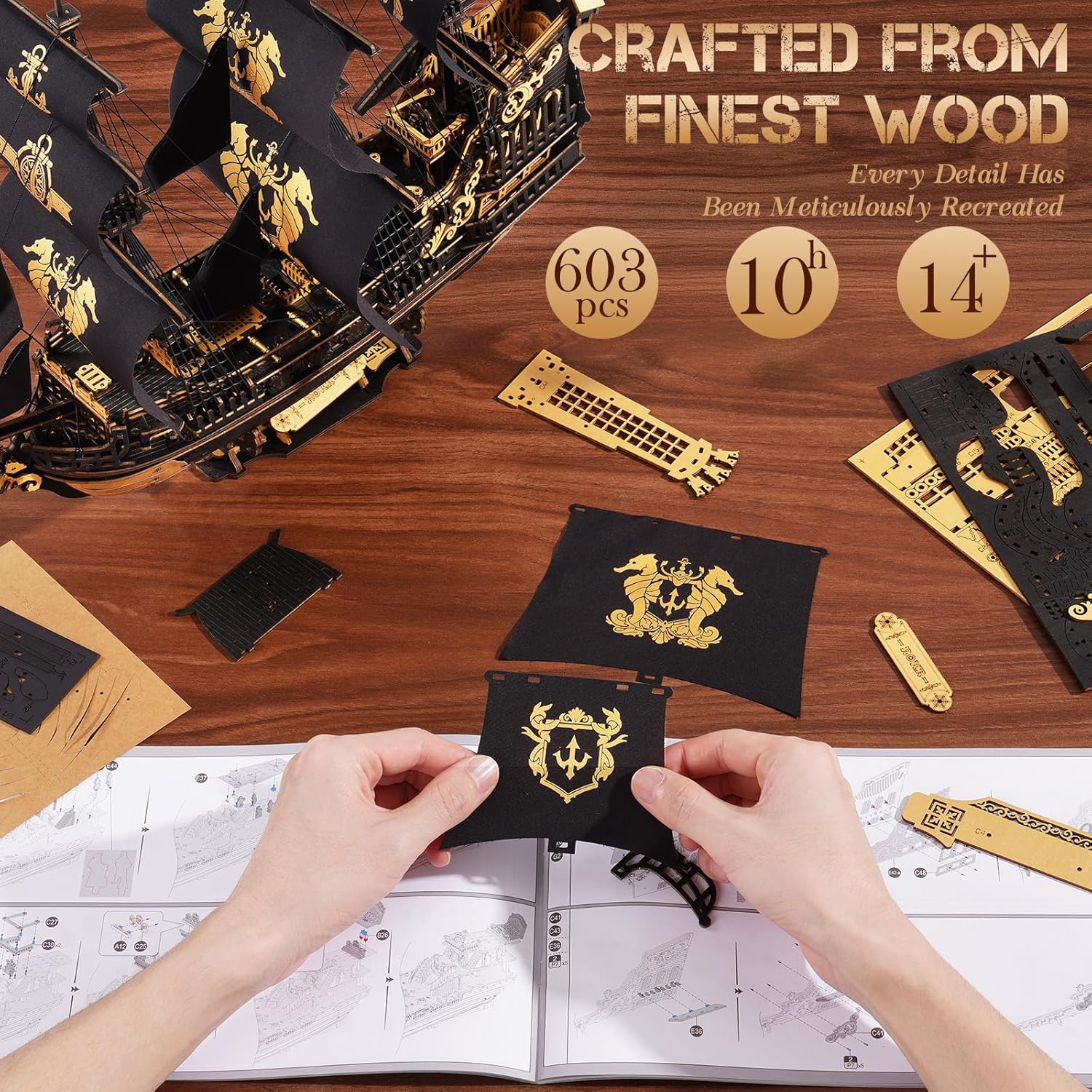 Detalle 2 de ROKR The Seahorse Barque 603-piece wooden ship kit
