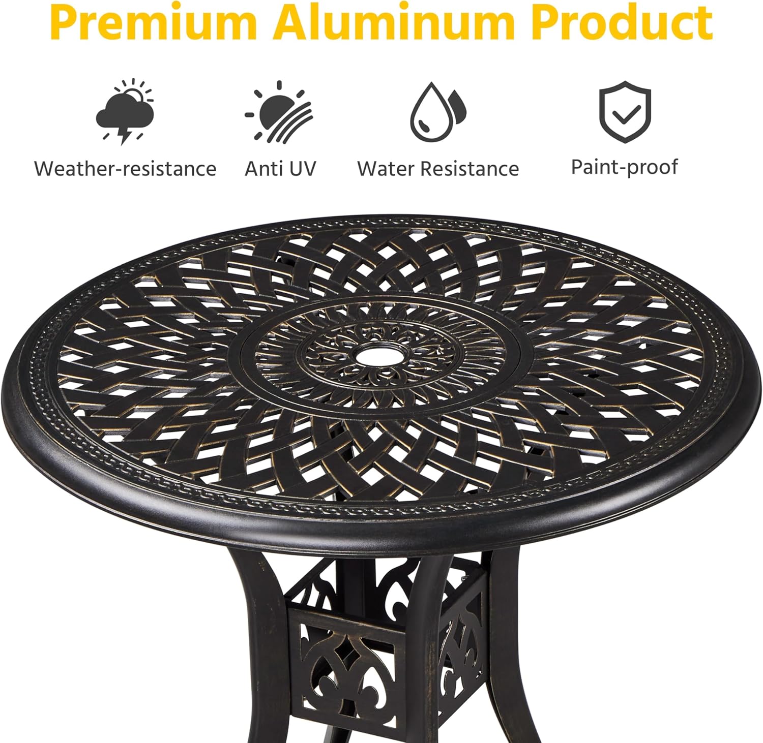 Thumbnail 5 de Yaheetech Table de jardin ronde design vintage en aluminium bronze, avec trou pour parasol et patins réglables (Ø 78 cm)