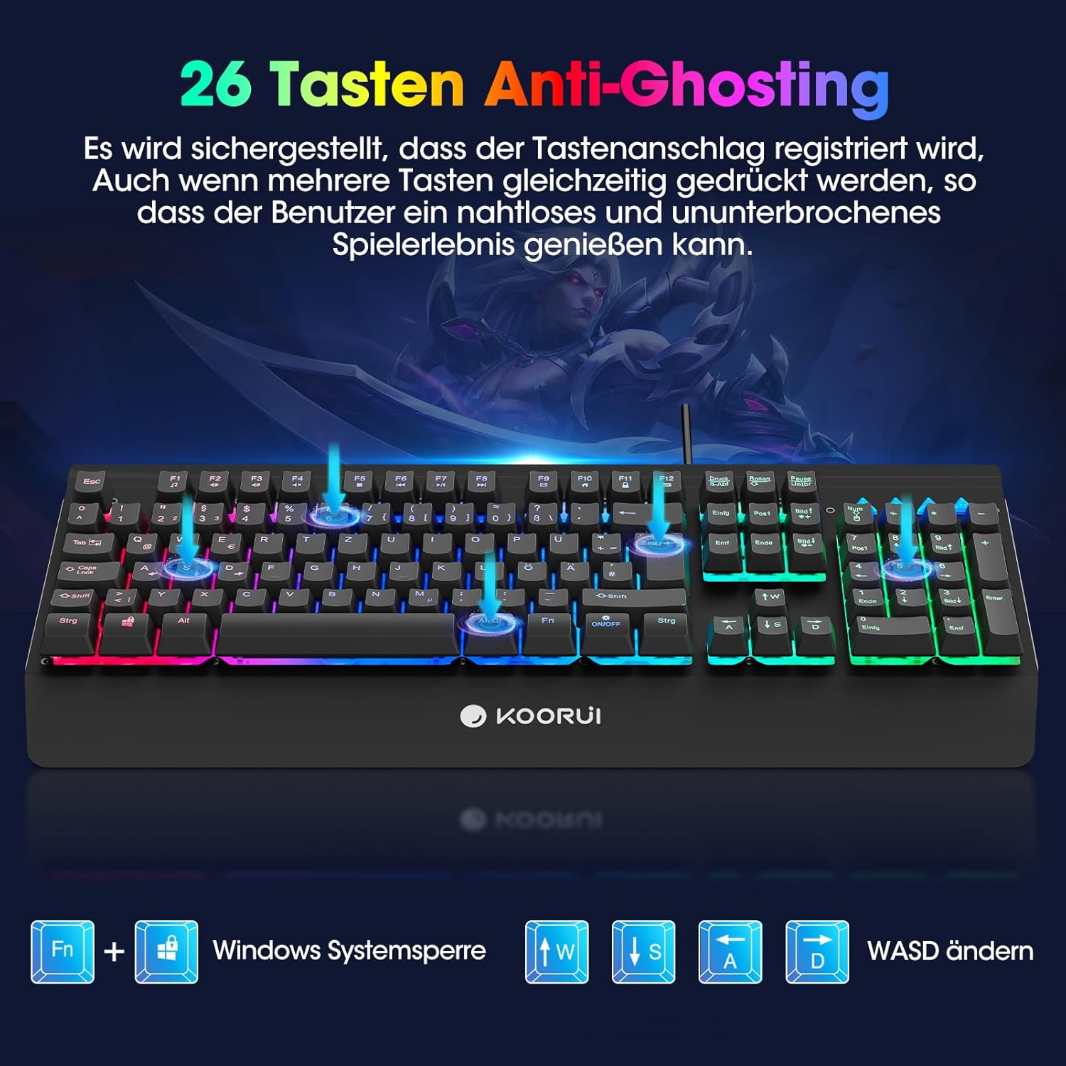 Detalle de KOORUI Gaming Tastatur – Deutsches QWERTZ-Layout, 26-Knopf Anti-Ghosting, Spritzwasserschutz, RGB-Backlight und 12 Multimedia-Tasten