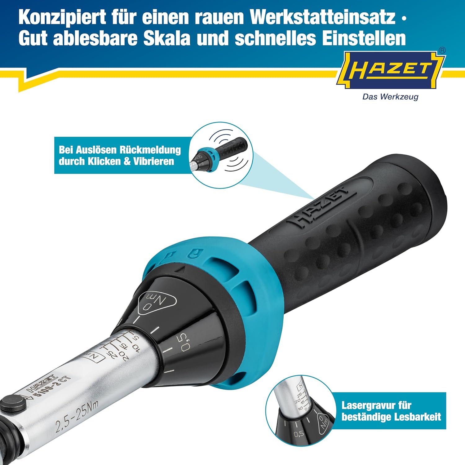 Detalle 2 de Hazet Drehmomentschlüssel 5108-2CT für Fahrräder – präzises 2,5–25 Nm Setzen mit 1/4 Zoll Abtrieb
