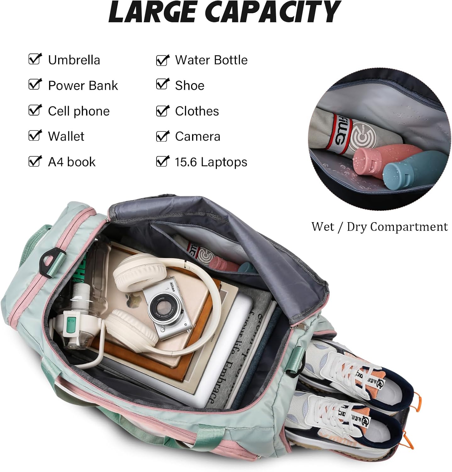 Detalle 2 de Suweir Sporttasche Damen 45L – 3-in-1 Reisetasche mit Schuhfach, Nass-/Tchtfach & Rucksackfunktion