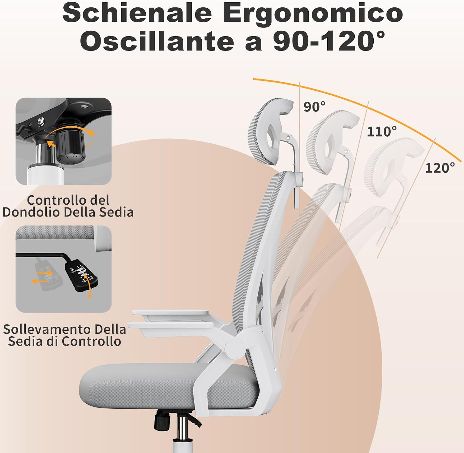 Thumbnail 2 de Naspaluro Sedia da Ufficio con Braccioli Ribaltabili e Poggiatesta: Ergonomia, Versatilità e Comfort per la Scrivania