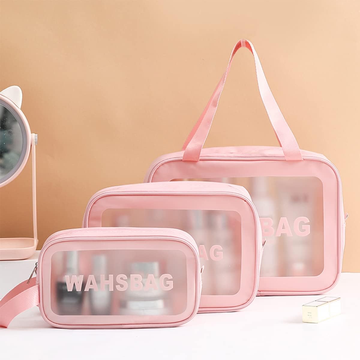 Thumbnail 6 de LEcylankEr Transparentes Kosmetiktaschen-3er-Set – Wasserdicht, faltbar, Rosa