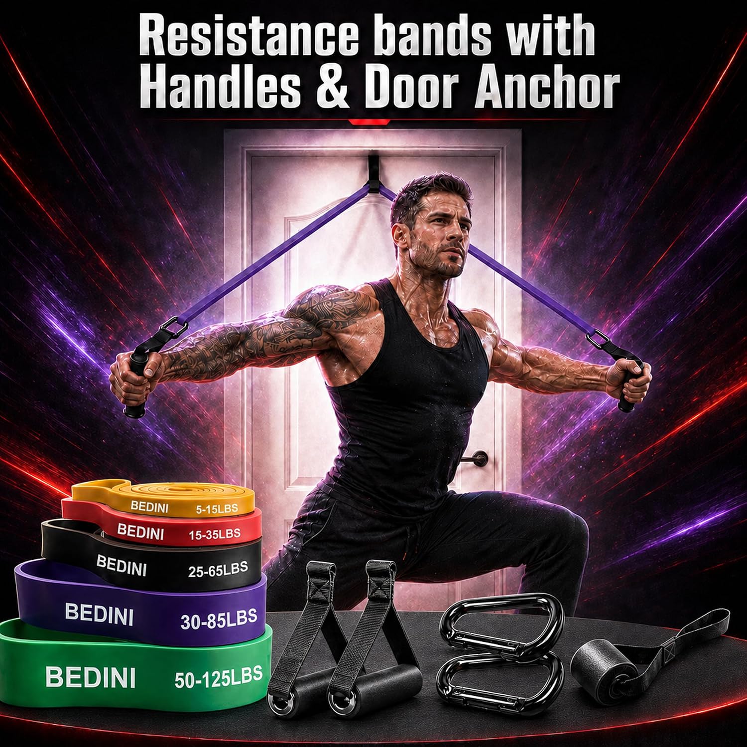 Detalle de BEDINI JSD Resistance Bands Set with 5 Levels, Handles and Door Anchor
