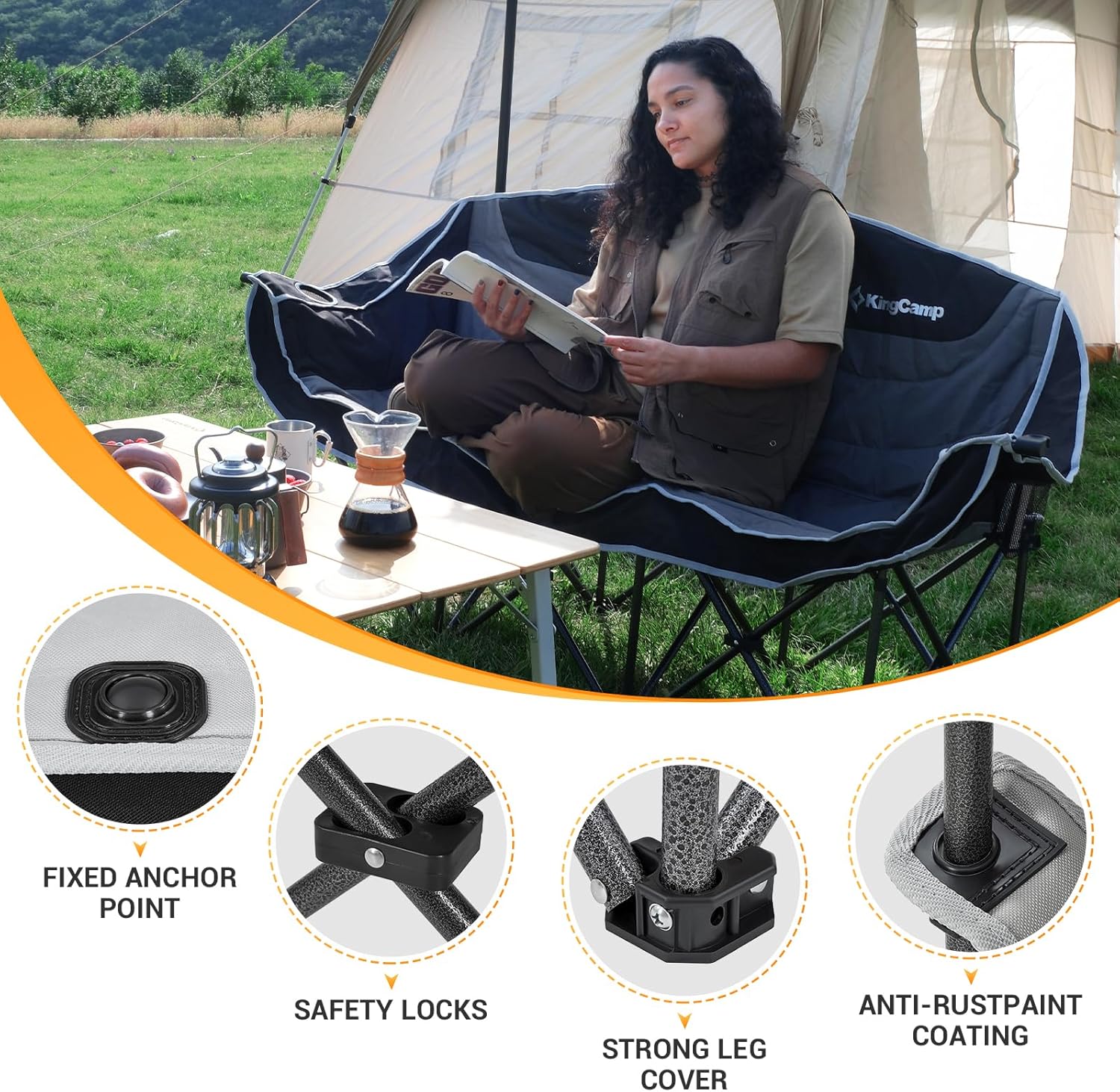 Detalle de KingCamp 3 Person Camping Chair: Oversized Heavy-Duty Loveseat for Outdoor Comfort