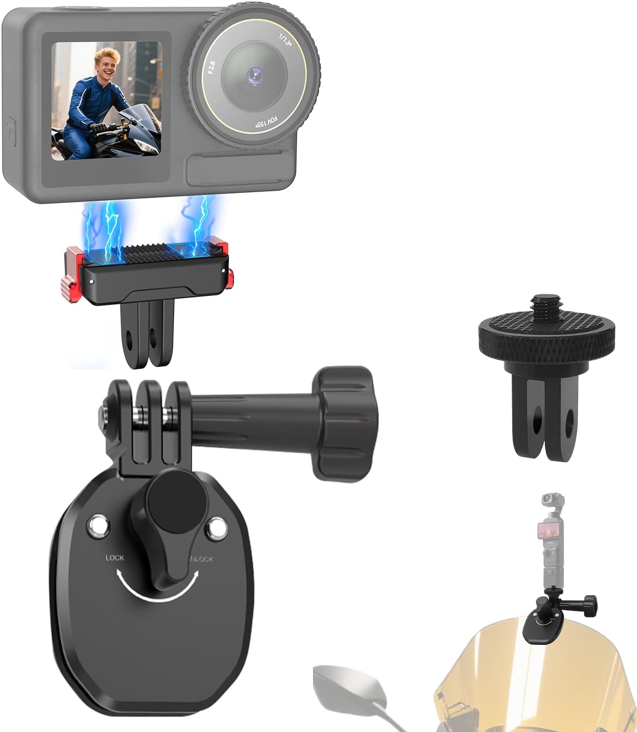 Detalle de HAFOKO Motorcycle Windshield Mount for Action Cameras – CNC Aluminium Clip, 180° Adjustment