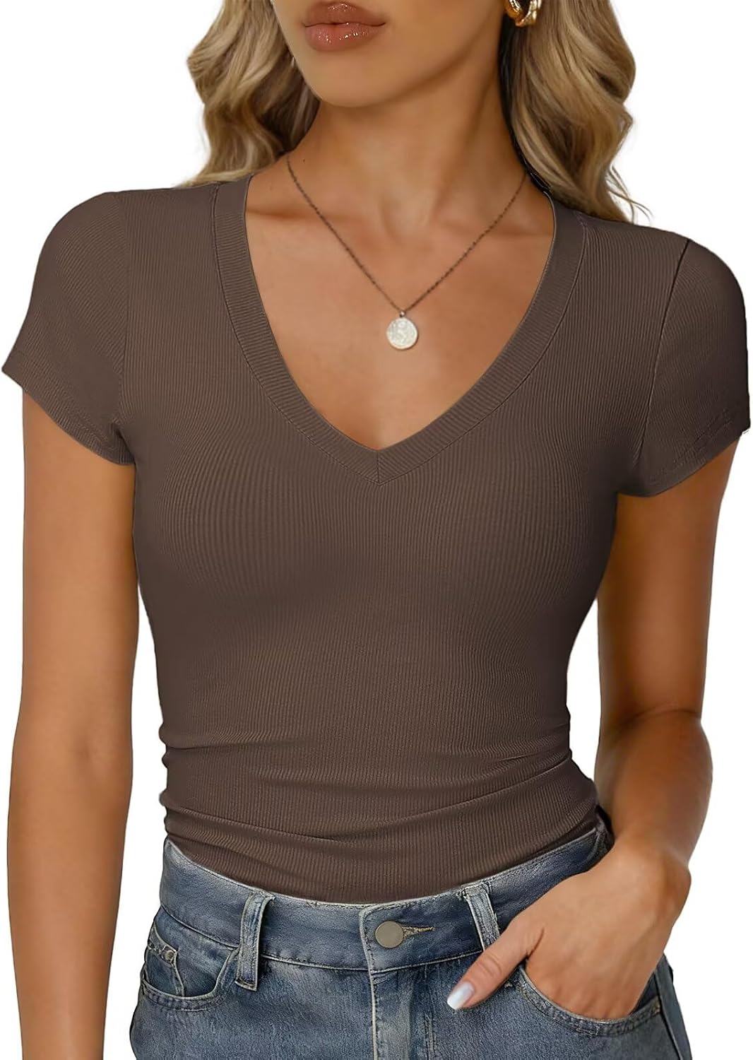 Thumbnail 6 de RIROW Damen Sommer-T-Shirt mit V-Ausschnitt – Basic aus Rippstoff, figurbetontes Slim Fit