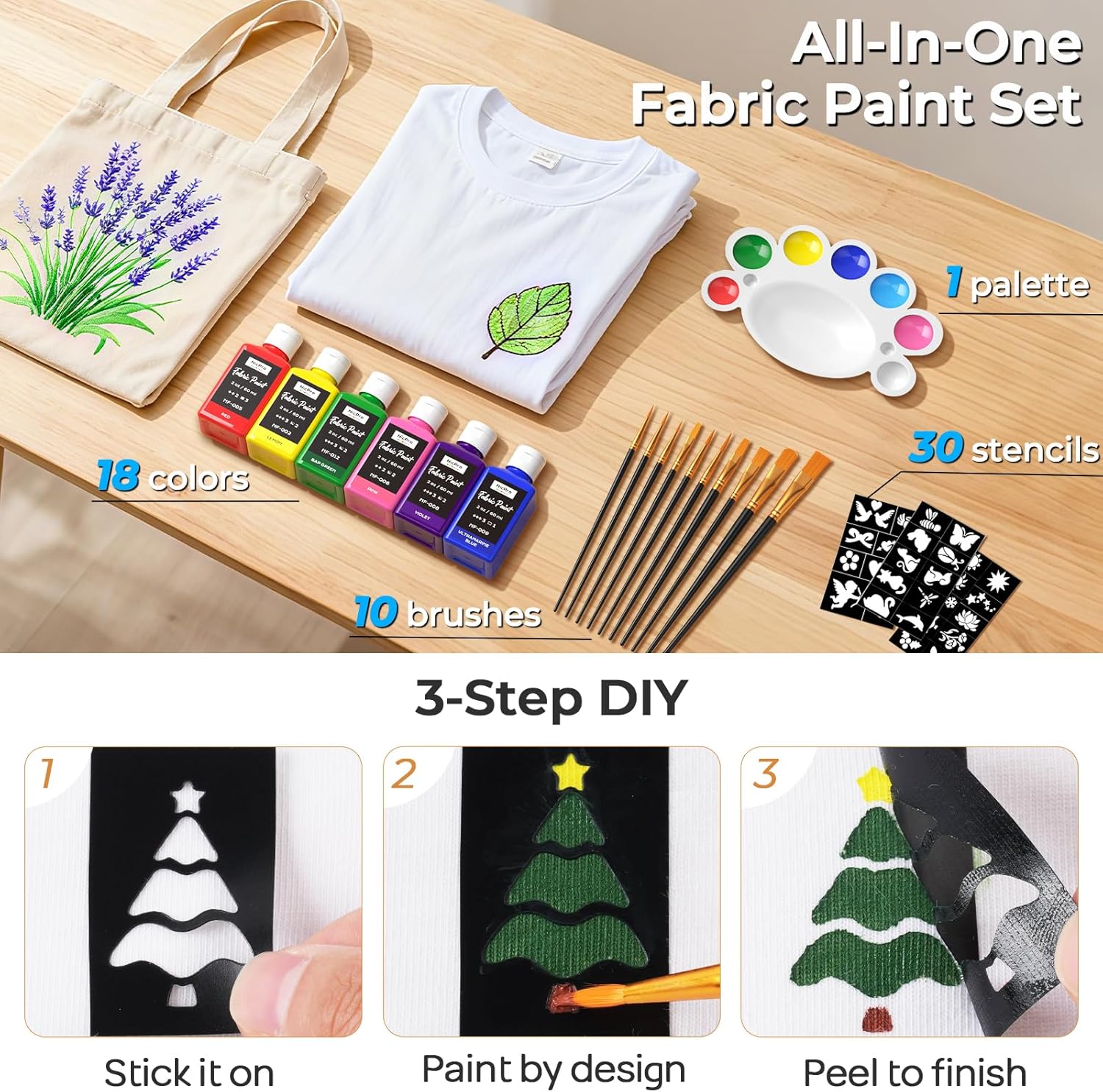 Detalle de Nicpro 18 Colors Fabric Paint Kit (2oz/60ml) – Permanent Soft Paint Set with Brushes, Stencils & Palette