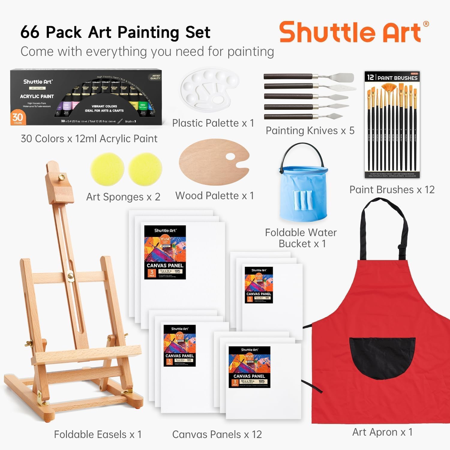 Detalle de Shuttle Art 66 Pack Acrylic Paint Set with Wooden Easel, Canvas and Brushes