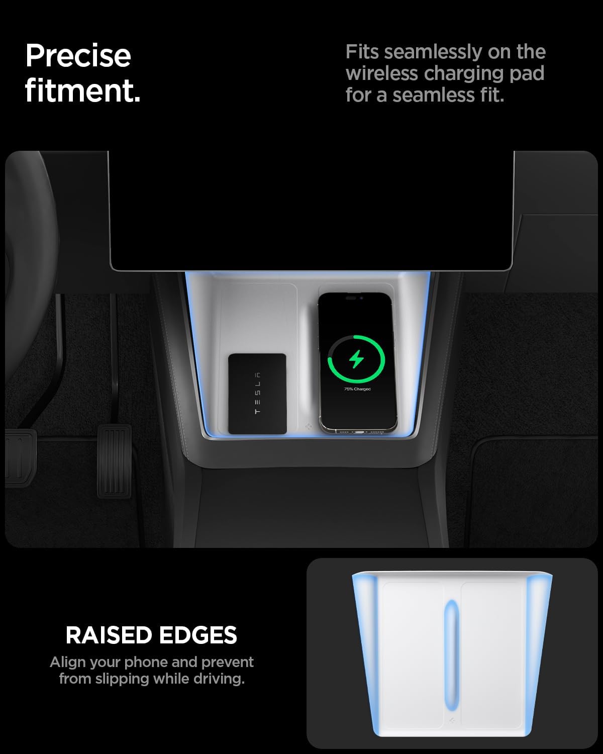 Detalle 2 de Spigen Mittelkonsole Abdeckung für kabelloses Ladepad (Tesla Model Y Juniper 2025/2026) – Ultraflach 0,8 mm, Silikon – Weiß
