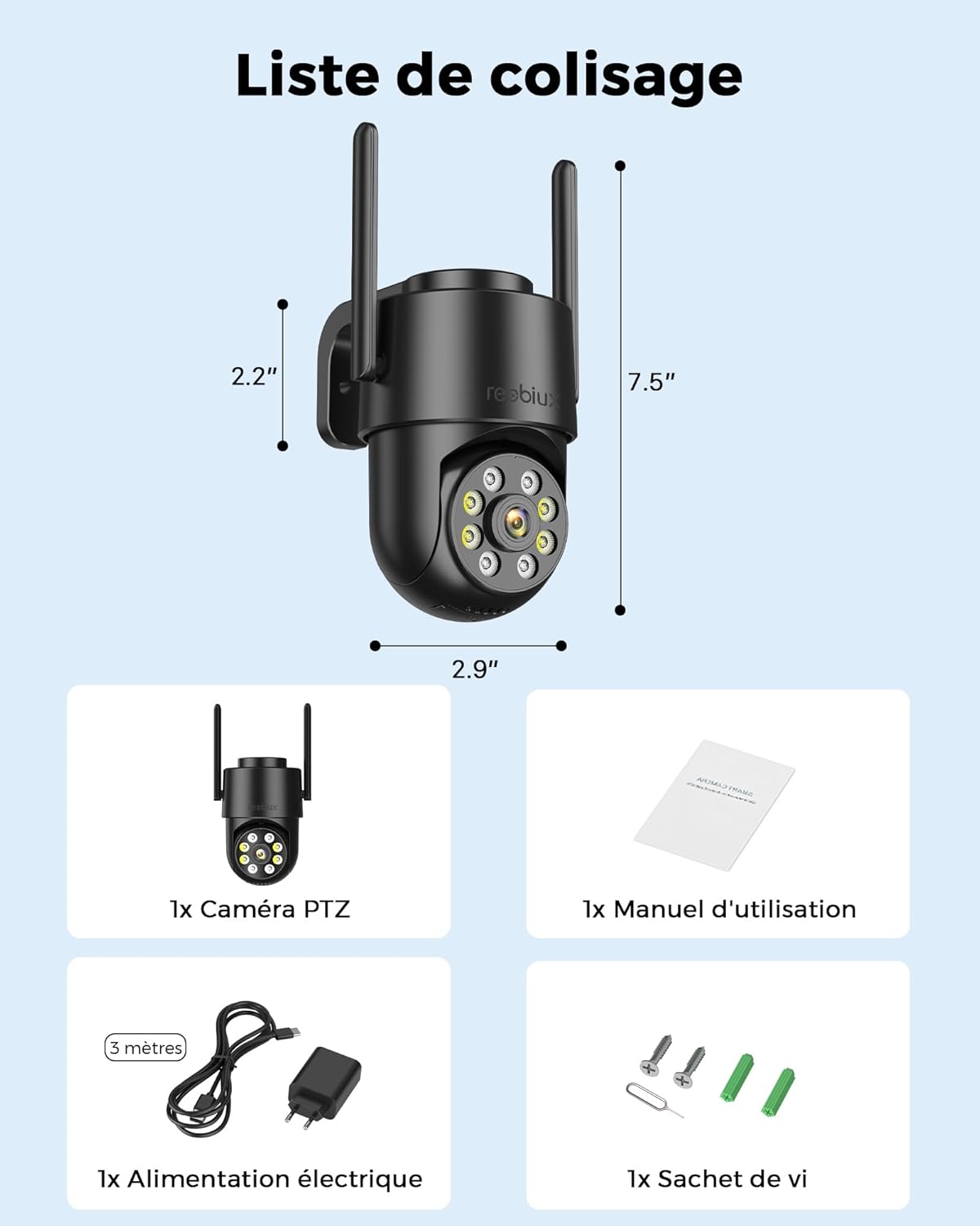 Thumbnail 6 de Reobiux Caméra de surveillance extérieure 2K PTZ WiFi 2,4 GHz avec suivi humain et audio bidirectionnel