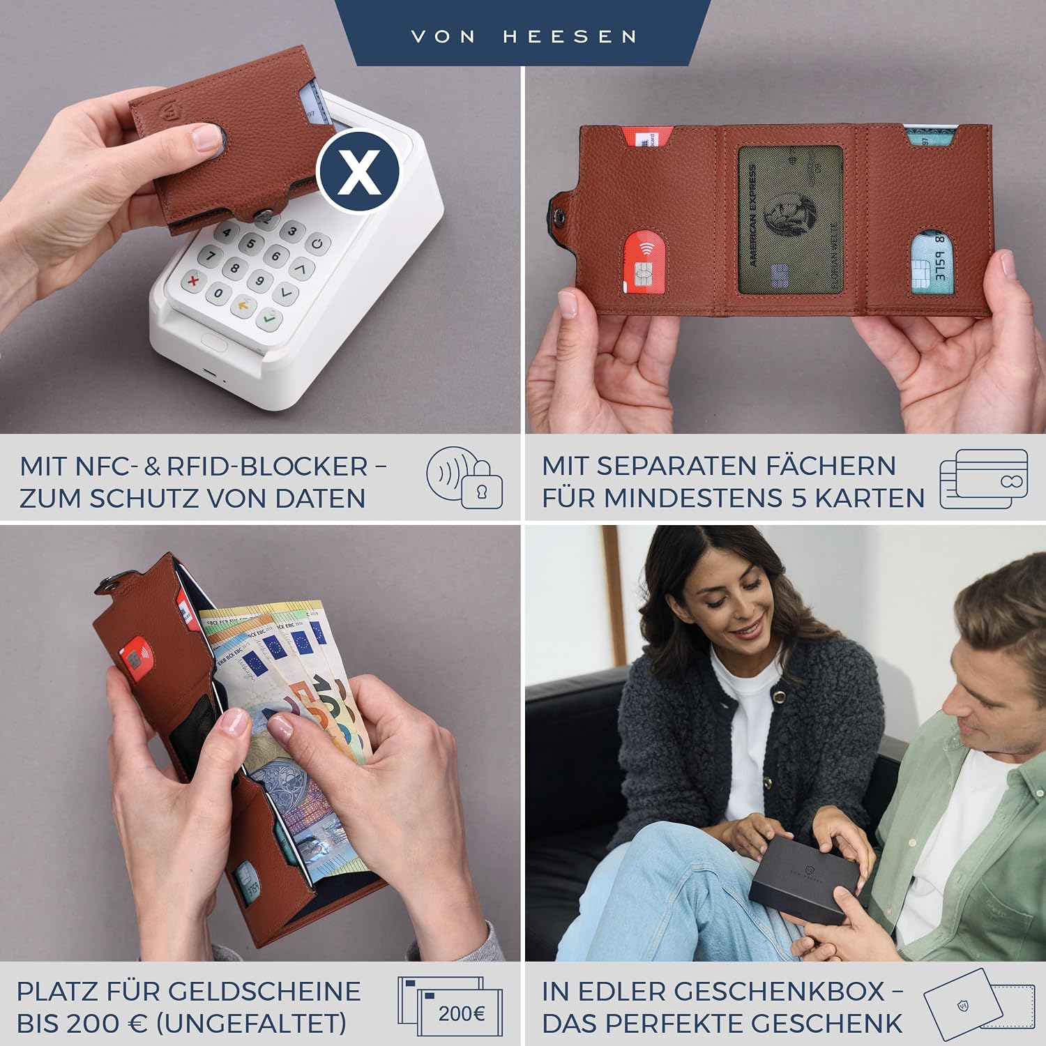 Detalle de VON HEESEN Slim Wallet – RFID-Schutz, XL Münzfach und echtes Leder