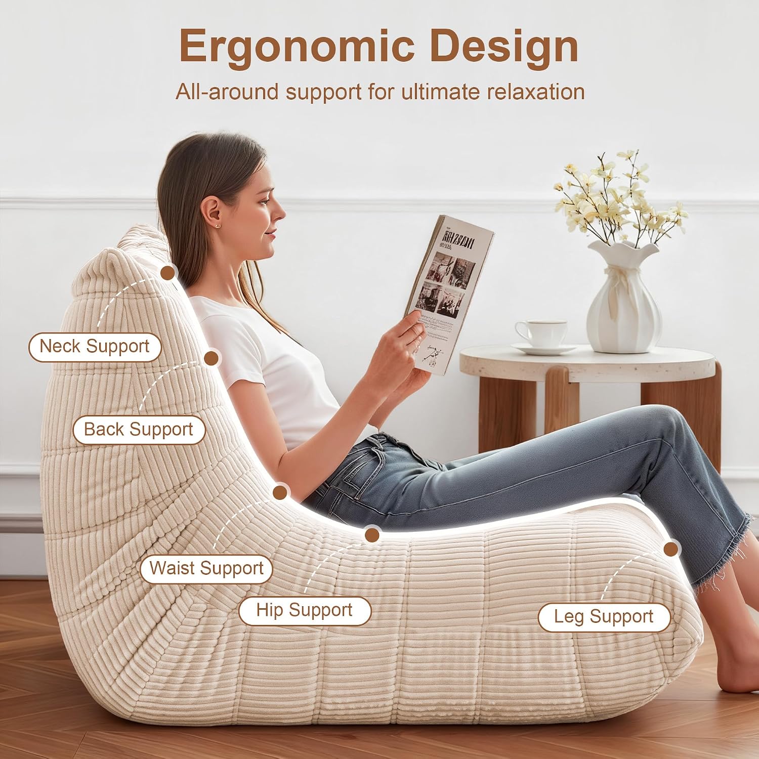Detalle de ZOOVEE BBC Adult Bean Bag Chair, Oversized Corduroy with Memory Foam, Beige