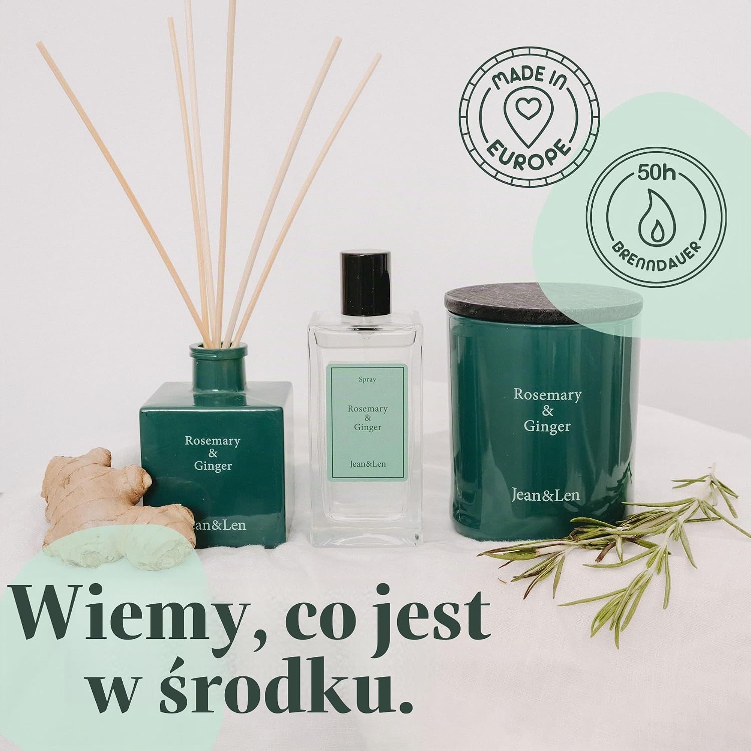 Detalle de Jean & Len świeca zapachowa premium rozmaryn i imbir, wegańska, 230 g