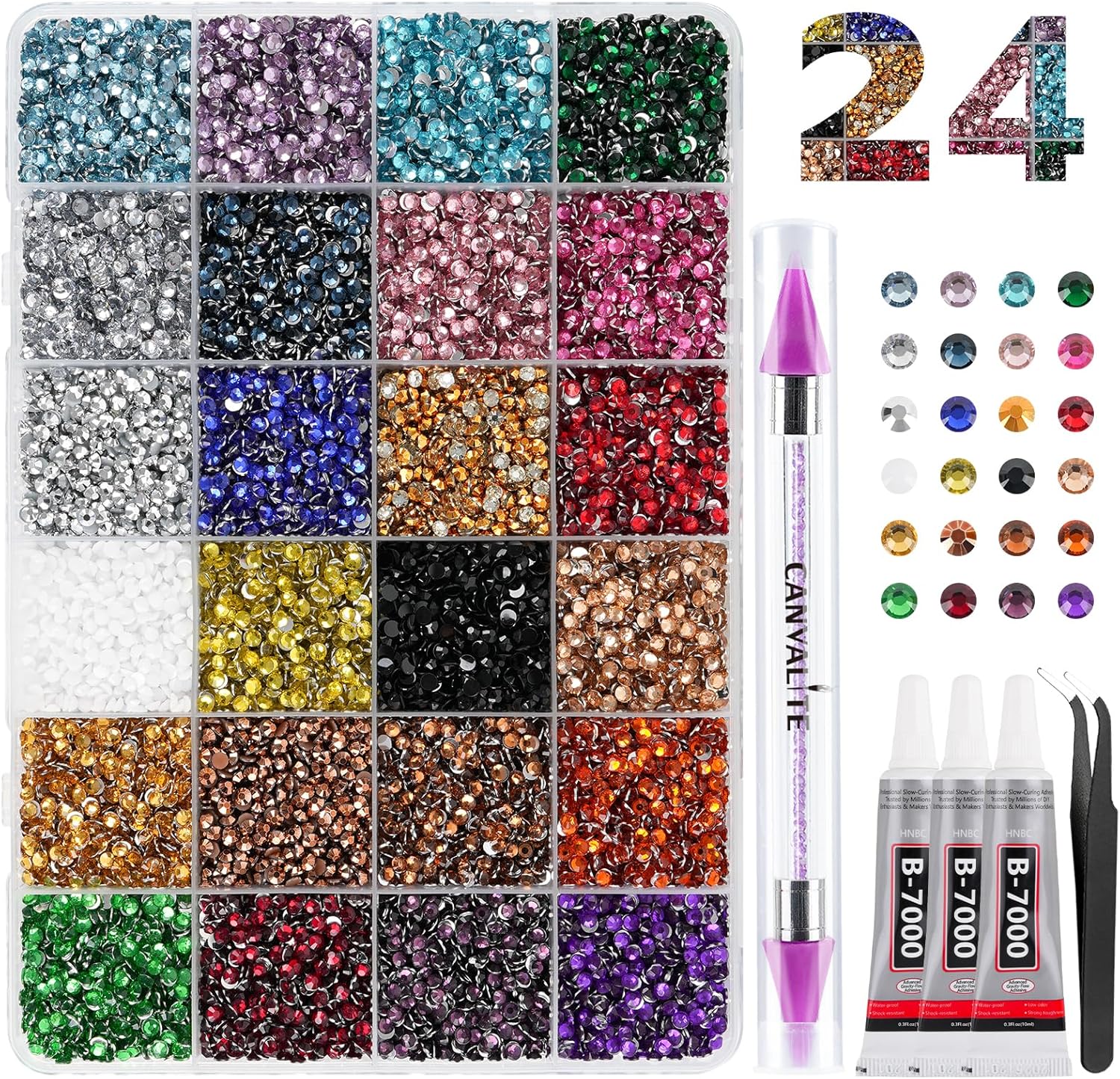 Canvalite Resin Bedazzling Kit with Rhinestones, B7000 Jewelry Glue & Tools (24-colour bulk)