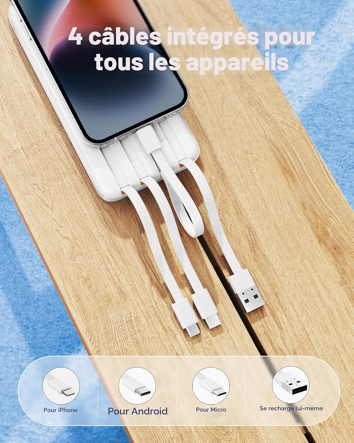 Detalle 2 de Charmast Batterie Externe 20000mAh avec câbles intégrés et charge rapide 22,5 W — 6 sorties, 4 entrées
