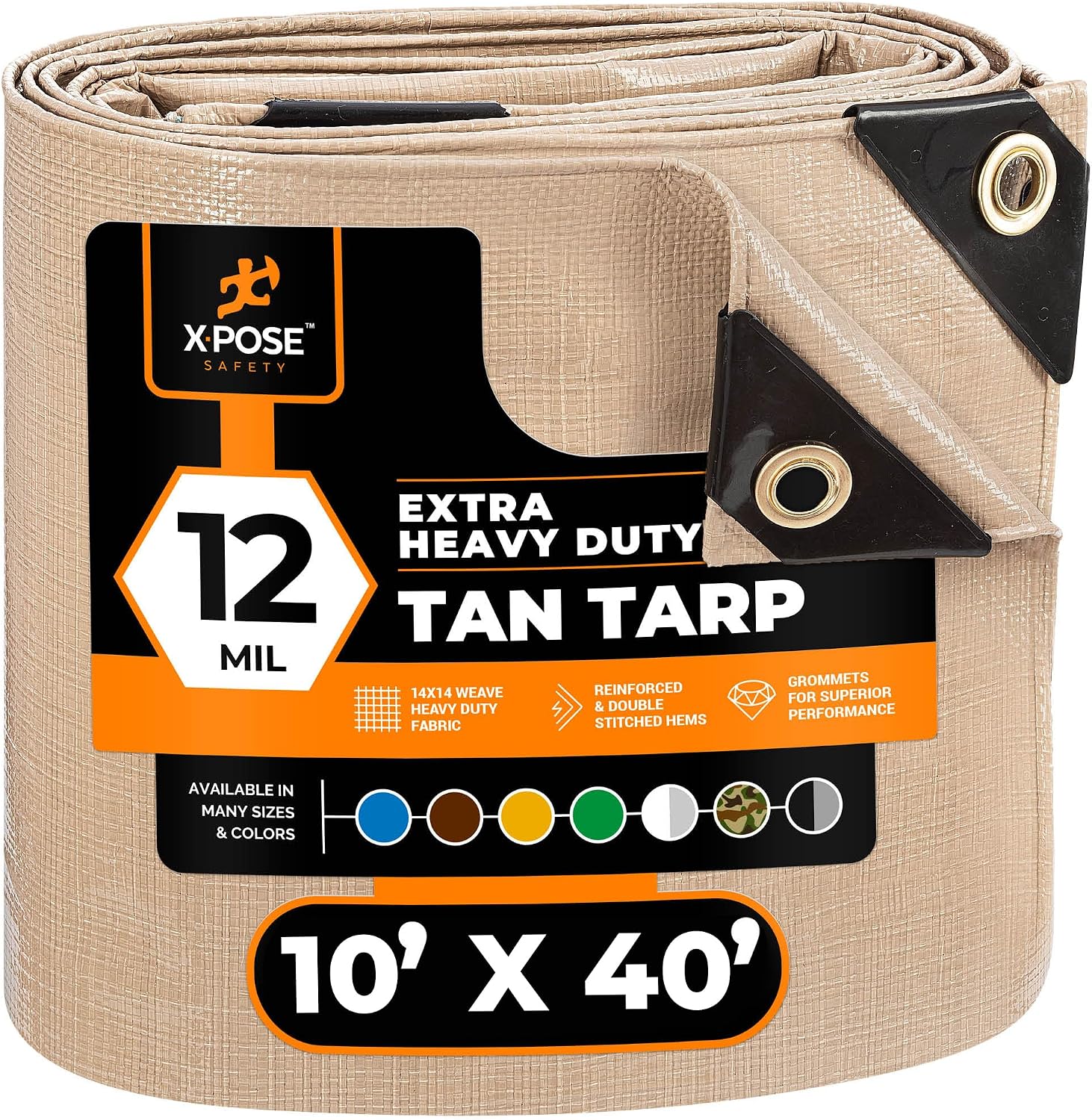 Heavy Duty Tan Poly Tarp 10' x 40' by Xpose Safety — 12 Mil Waterproof Multipurpose Cover