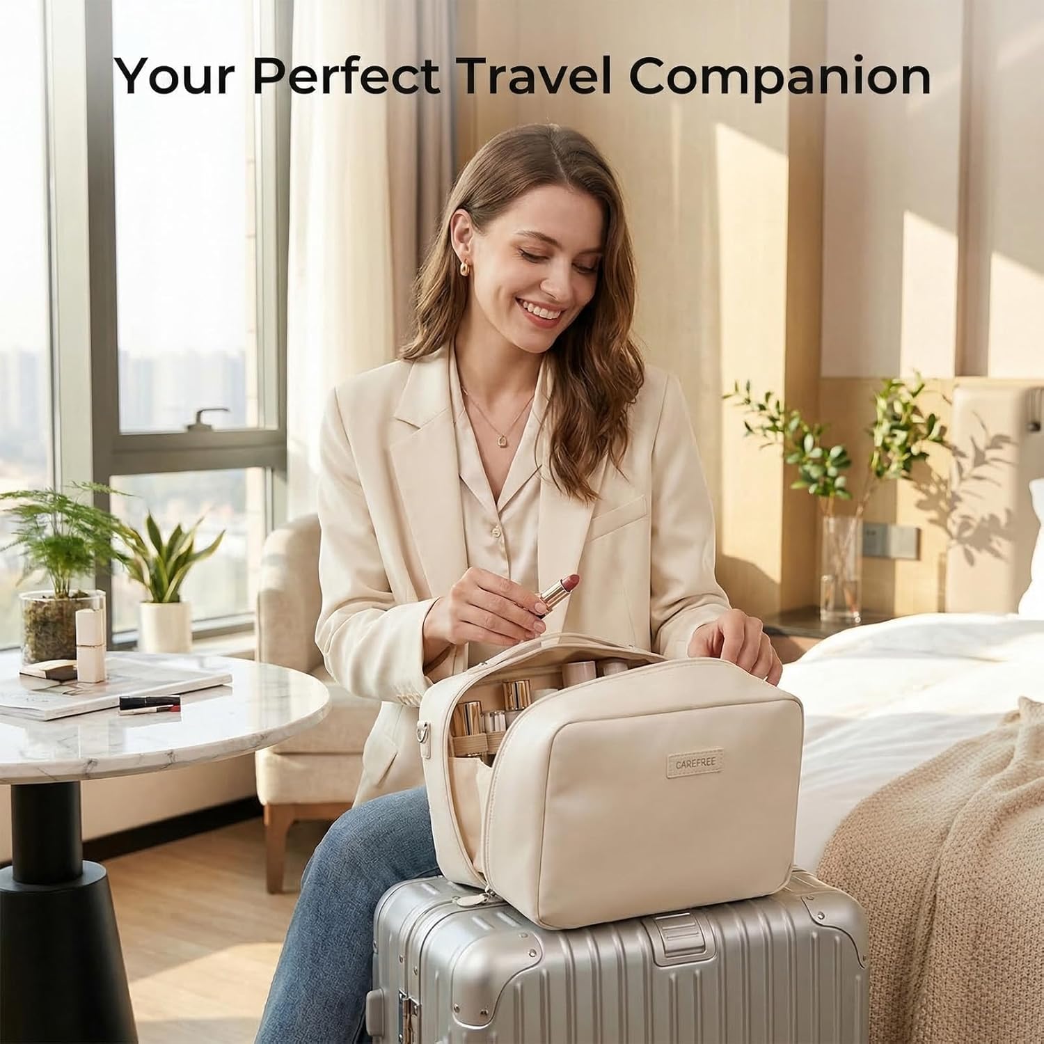 Thumbnail 5 de Luckyan Makeup Bag Large Capacity Travel Toiletry Bag – White PU Leather with 6-Zone Organisation