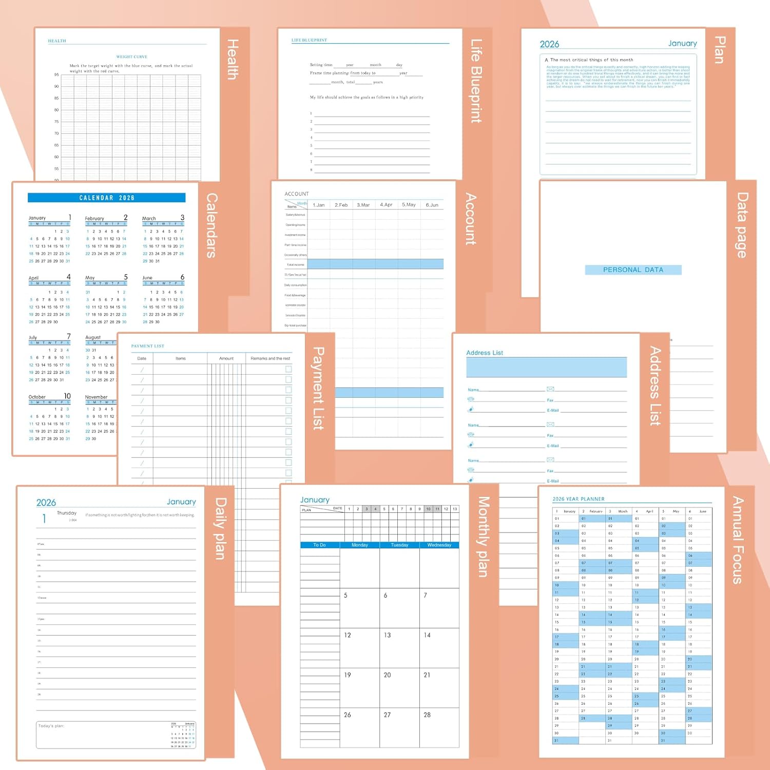 Thumbnail 5 de 2026 A5 Page-a-Day Diary (Jan to Dec) with Monthly Tabs, Pen Loop & Pocket – Pink bookmarks