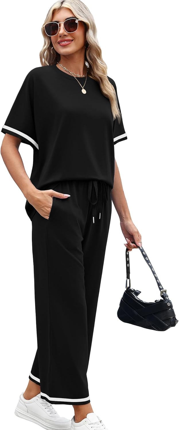 Detalle de Sampeel 2 Piece Sets for Women: Casual Summer Lounge Set with Short Sleeve Top and Wide-Leg Pants