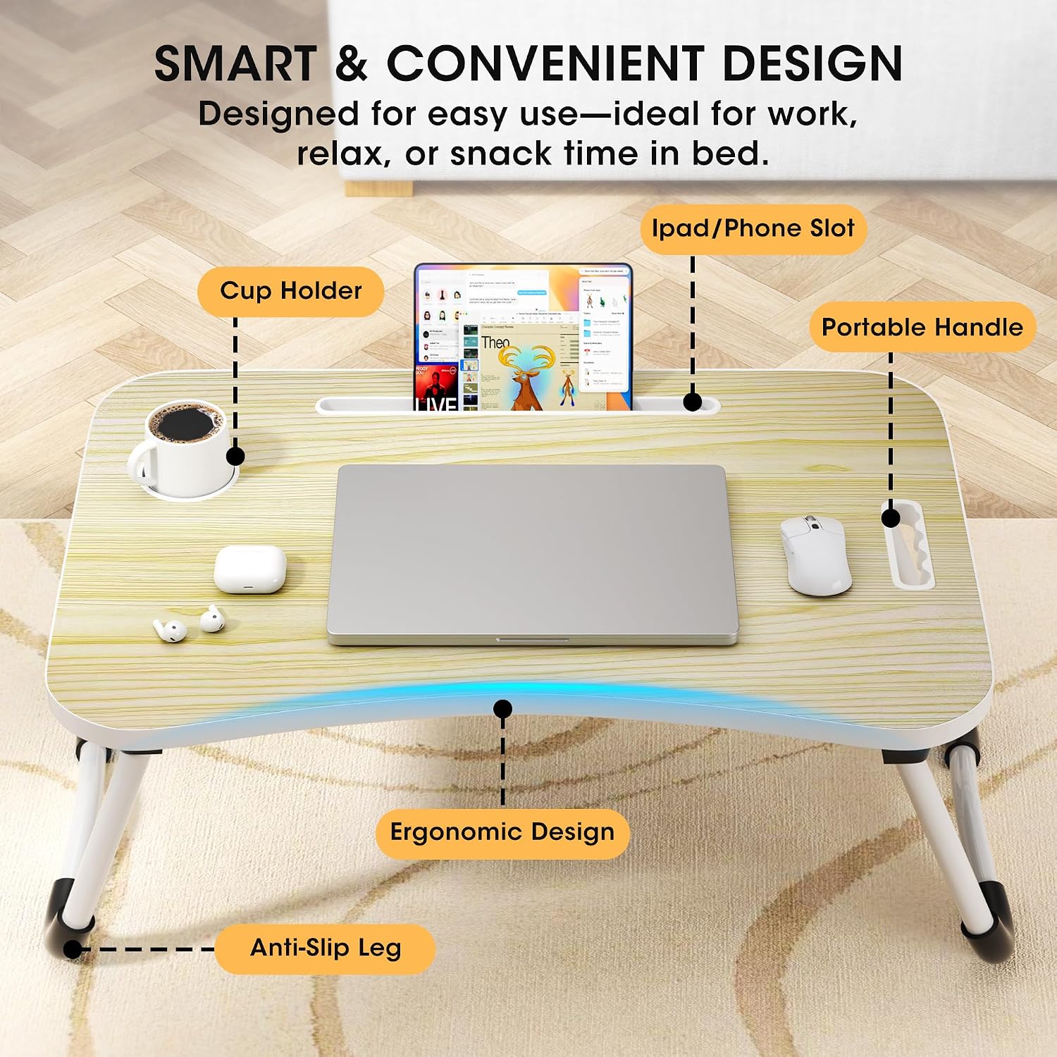 Detalle de Frpufi 23.6-Inch Wood Folding Lap Desk with Cup Holder and Device Slot
