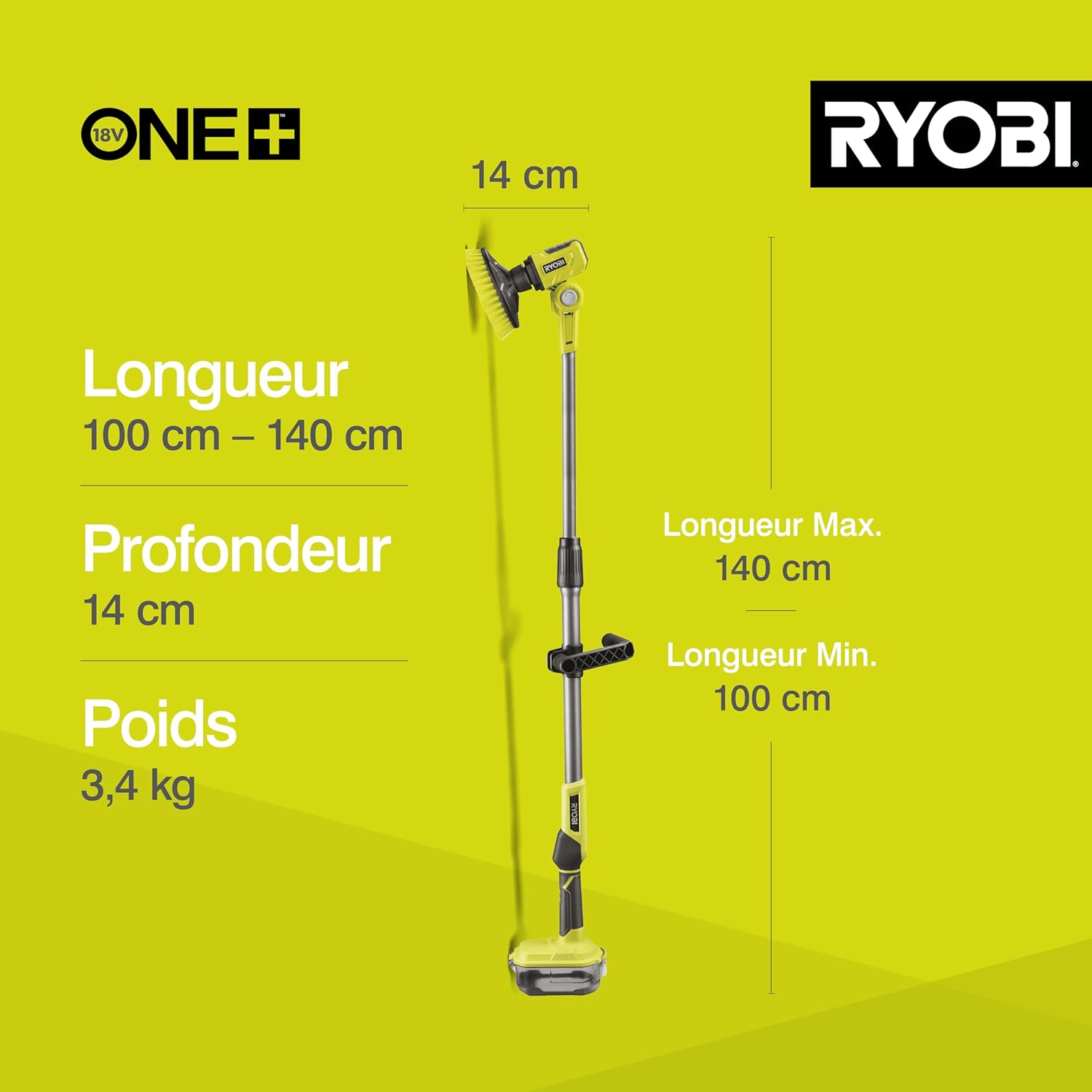 Thumbnail 2 de Ryobi R18TPS-120G Brosse Rotative télescopique 18V ONE+ — Nettoyage Multi-Surfaces en Hauteur (1,4 m)