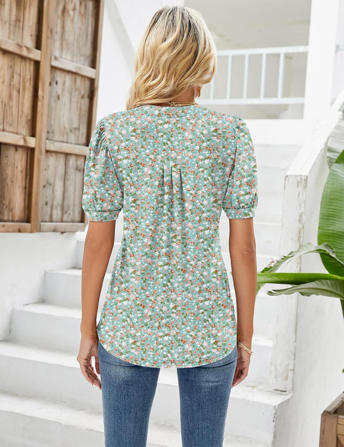 Thumbnail 2 de EFFAN Womens V Neck Puff Sleeve Pleated Floral Tunic Blouse