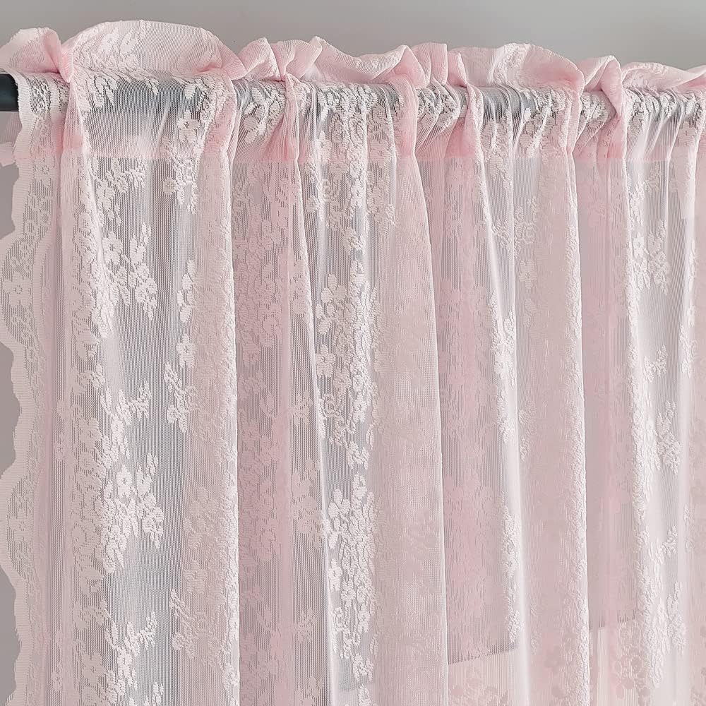 Detalle de YJ YANJUN Vintage Lace Curtains, Light Pink Floral Sheer, 52 x 80 Inches