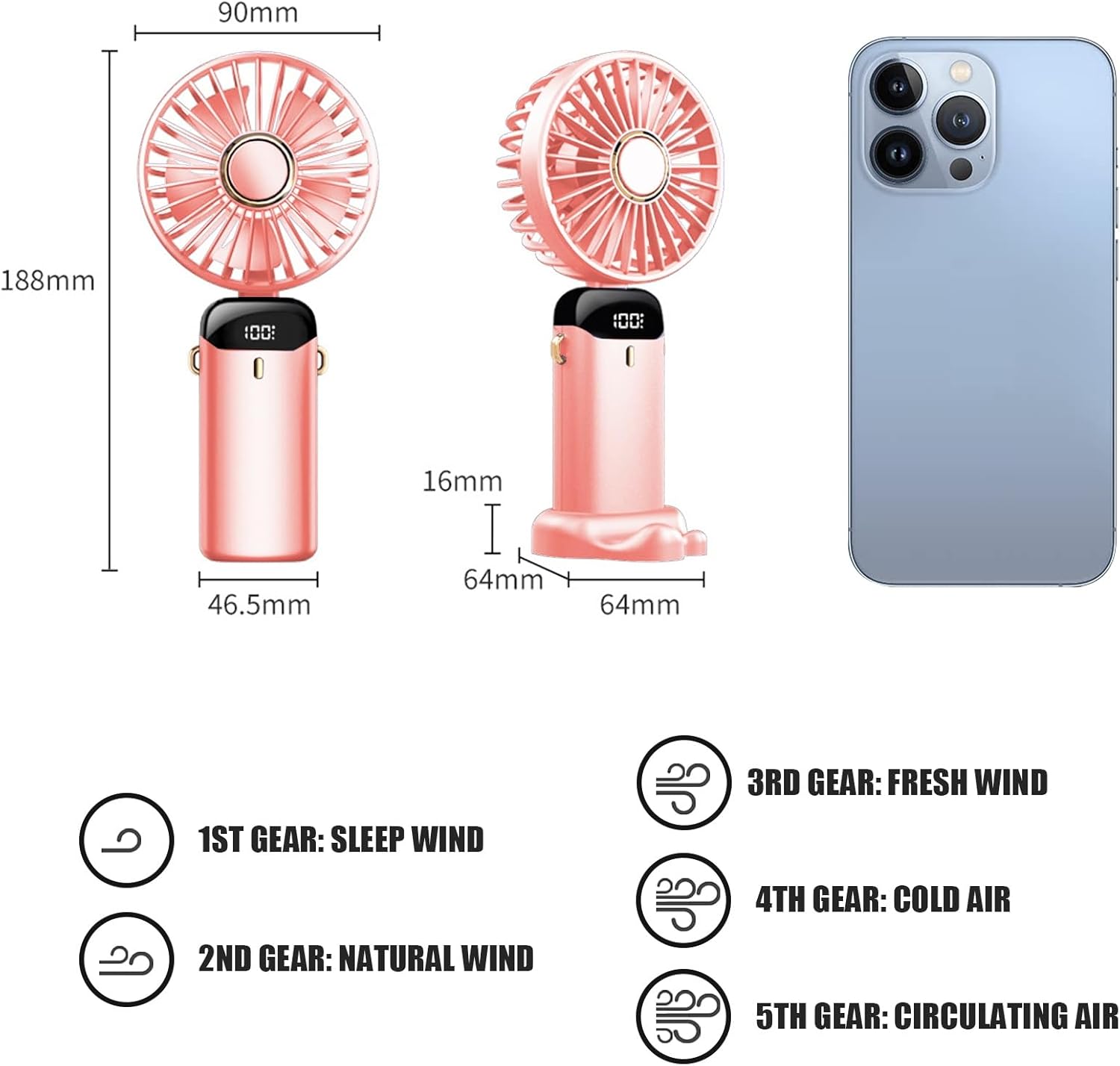 Thumbnail 2 de Jsdoin Handventilator: tragbarer Mini-Ventilator mit 5 Geschwindigkeitsstufen und 5.000-mAh-Akku (rosa)